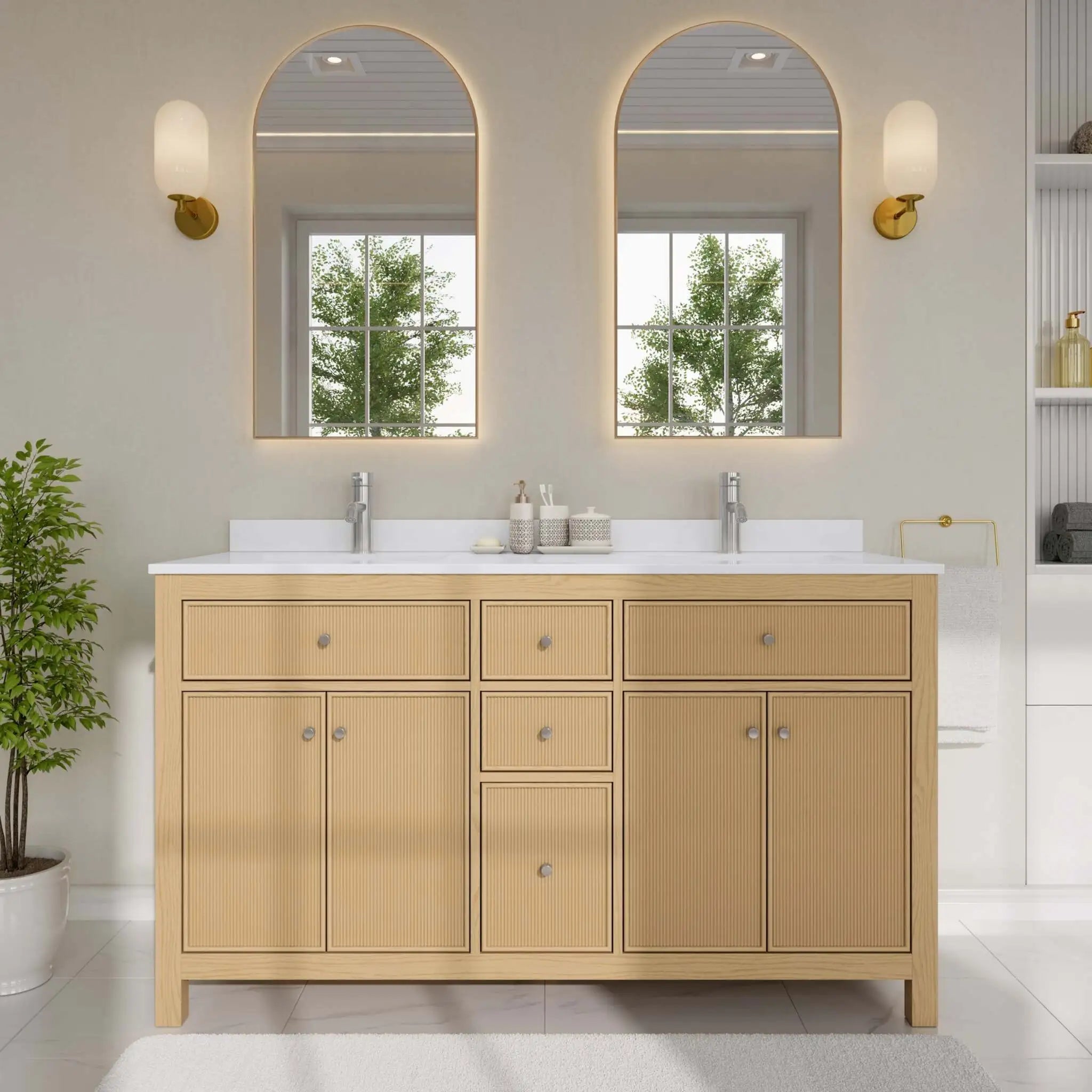60" Pendry Double Bathroom Vanity in Tanned Oak with Brushed Nickel Trim by Wyndham
