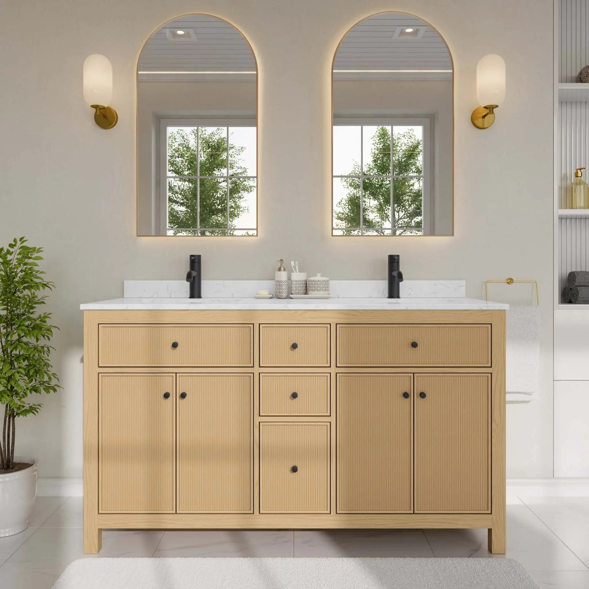 60" Pendry Double Bathroom Vanity in Tanned Oak with Matte Black Trim by Wyndham