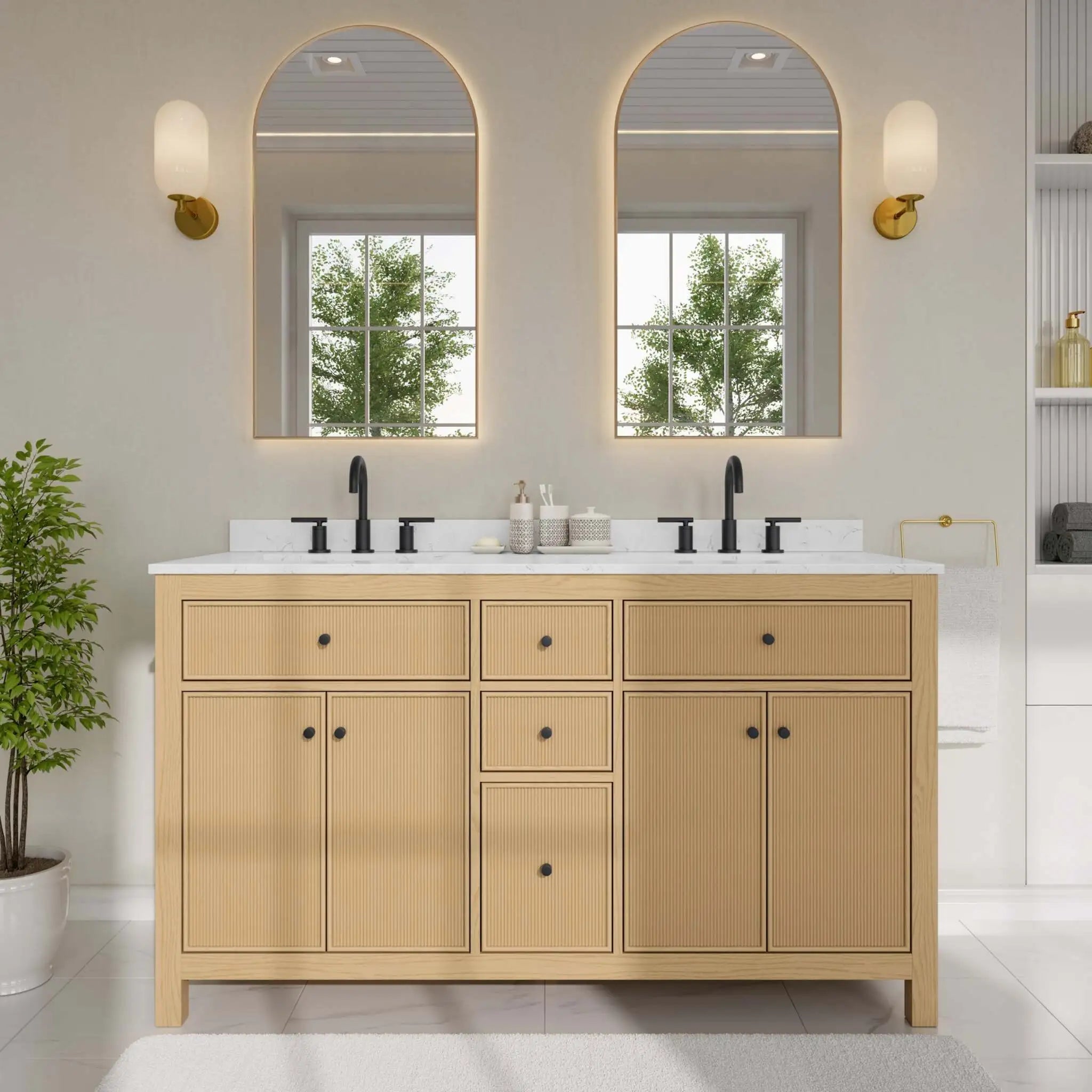 60" Pendry Double Bathroom Vanity in Tanned Oak with Matte Black Trim by Wyndham