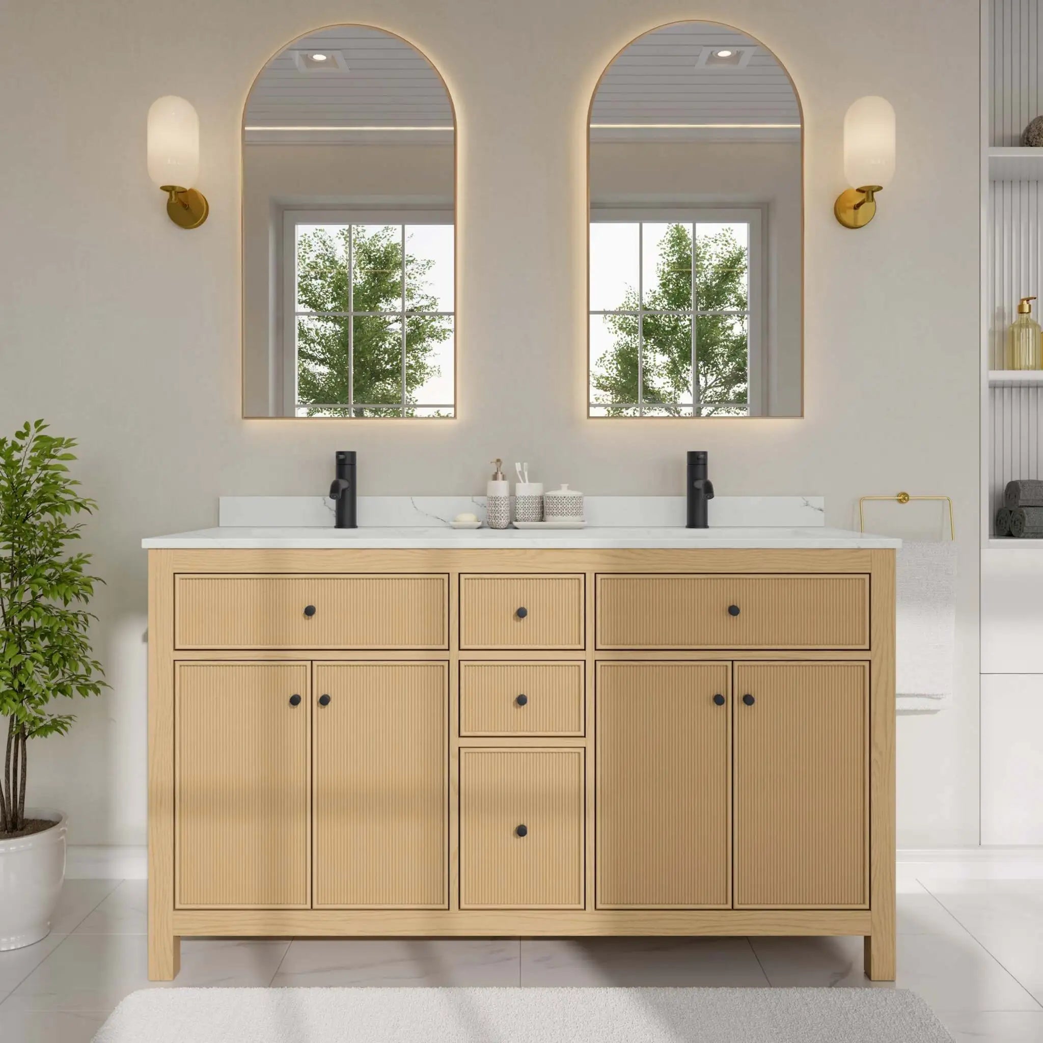 60" Pendry Double Bathroom Vanity in Tanned Oak with Matte Black Trim by Wyndham