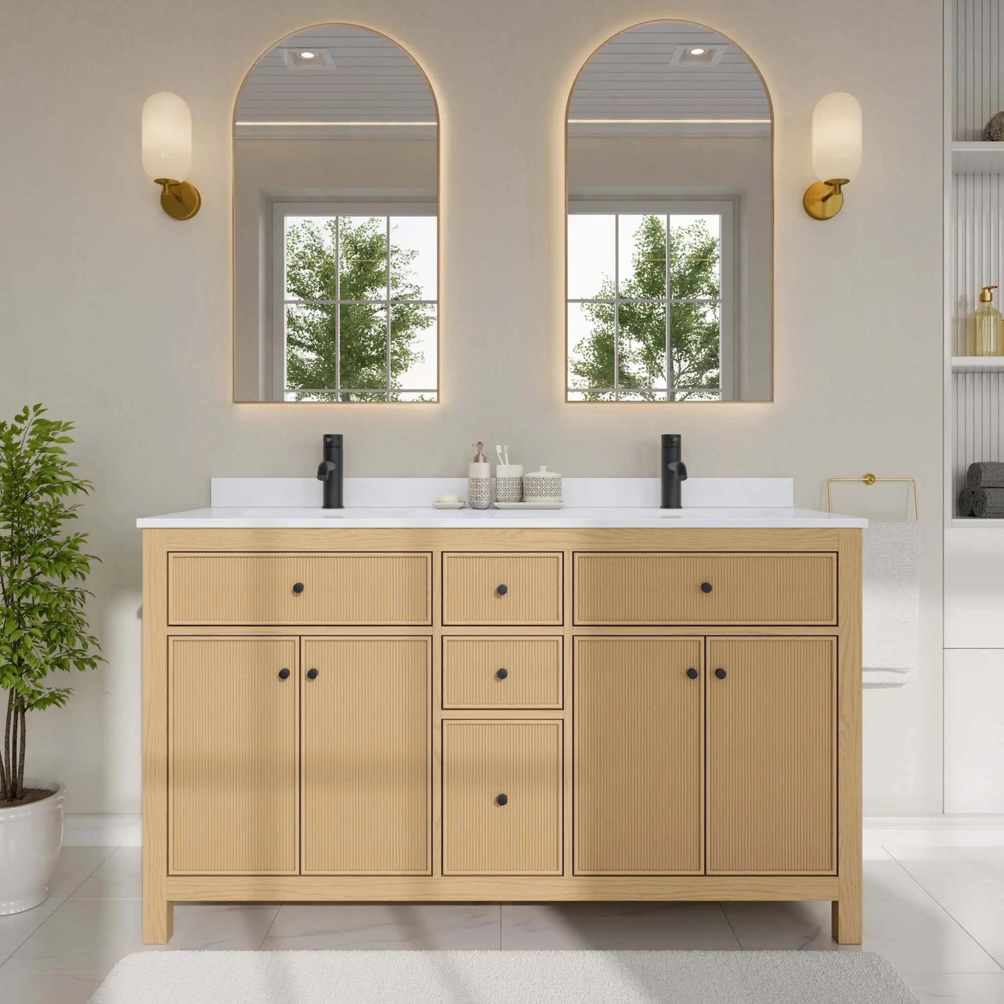 60" Pendry Double Bathroom Vanity in Tanned Oak with Matte Black Trim by Wyndham