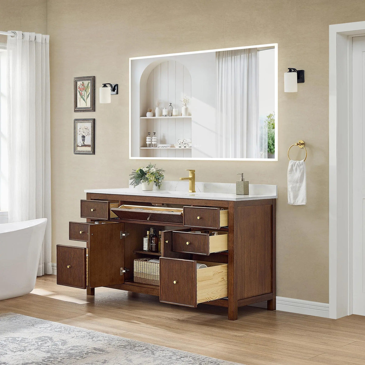 60" Pendry Single Bathroom Vanity Dark Walnut Brushed Gold Trim by wyndham View 12