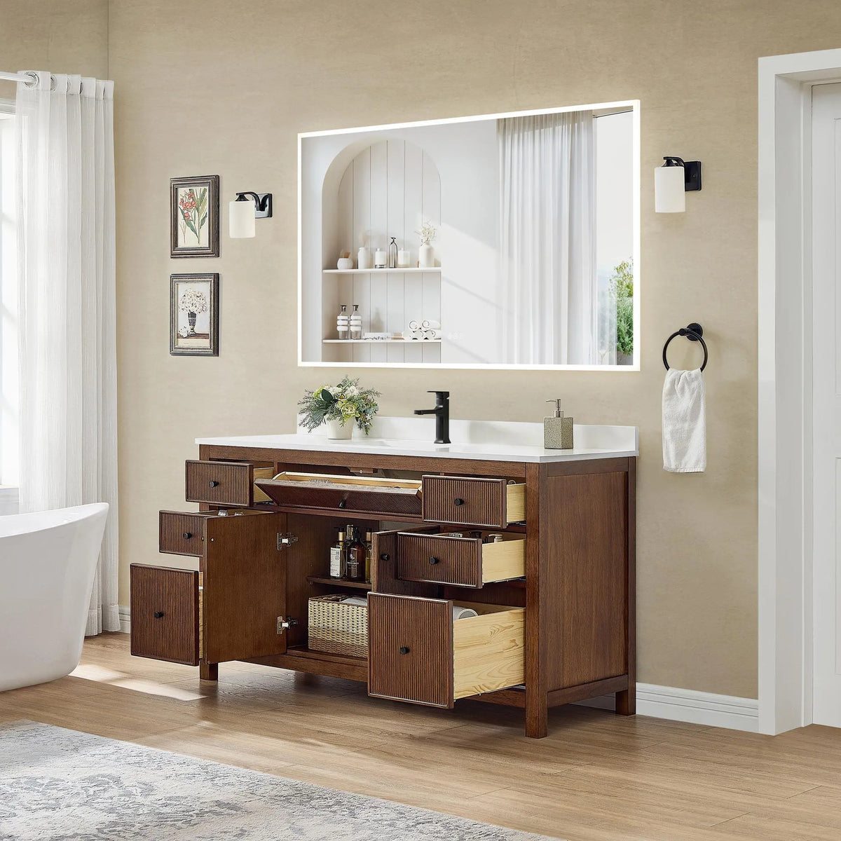 60" Pendry Single Bathroom Vanity Dark Walnut Matte Black Trim by wyndham View 16