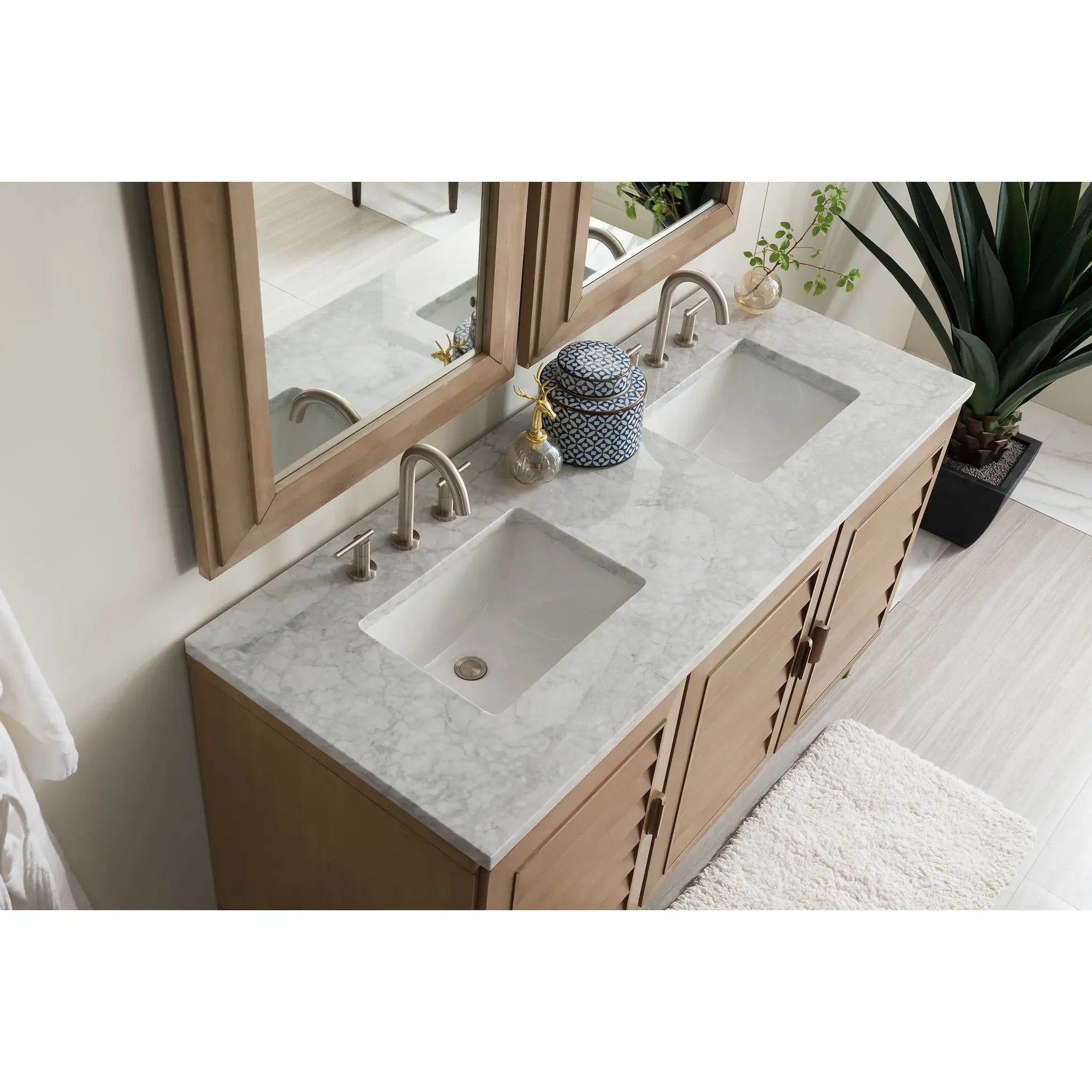 60" Portland Double Vanity in Whitewashed Walnut-Carrara White Marble-8" Widespread image 2