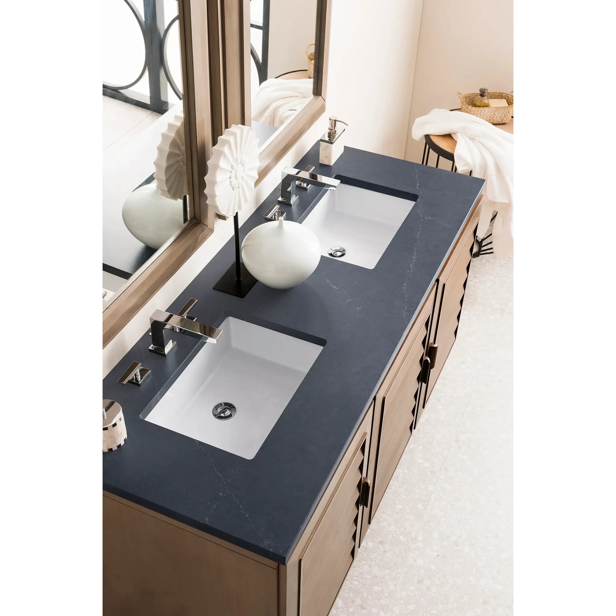 60" Portland Double Vanity in Whitewashed Walnut-Charcoal Soapstone Silestone-8" Widespread image 2