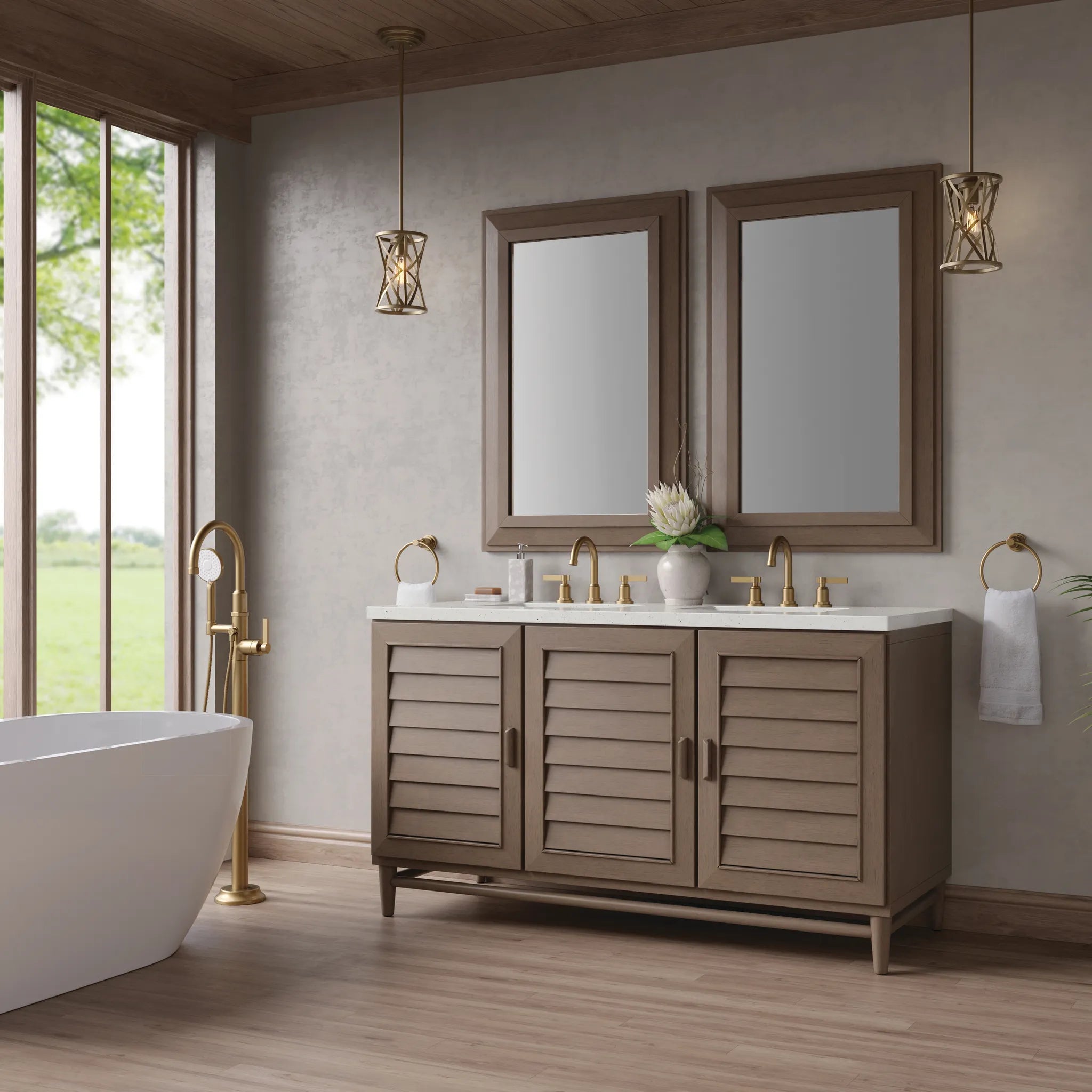 60" Portland Double Vanity in Whitewashed Walnut-Lime Delight Silestone-8" Widespread image 2