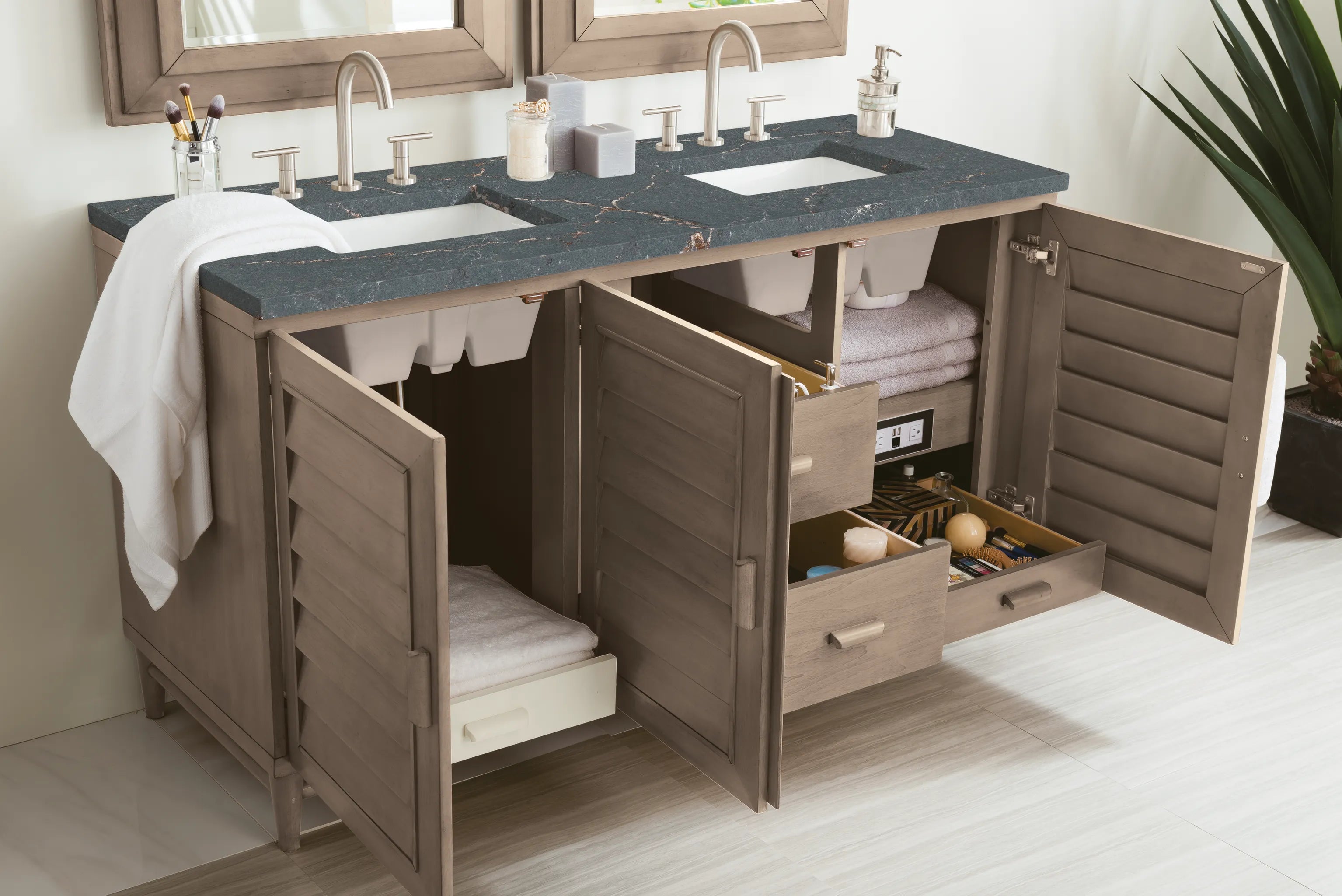60" Portland Double Vanity in Whitewashed Walnut-Parisien Bleu Silestone-8" Widespread image 3