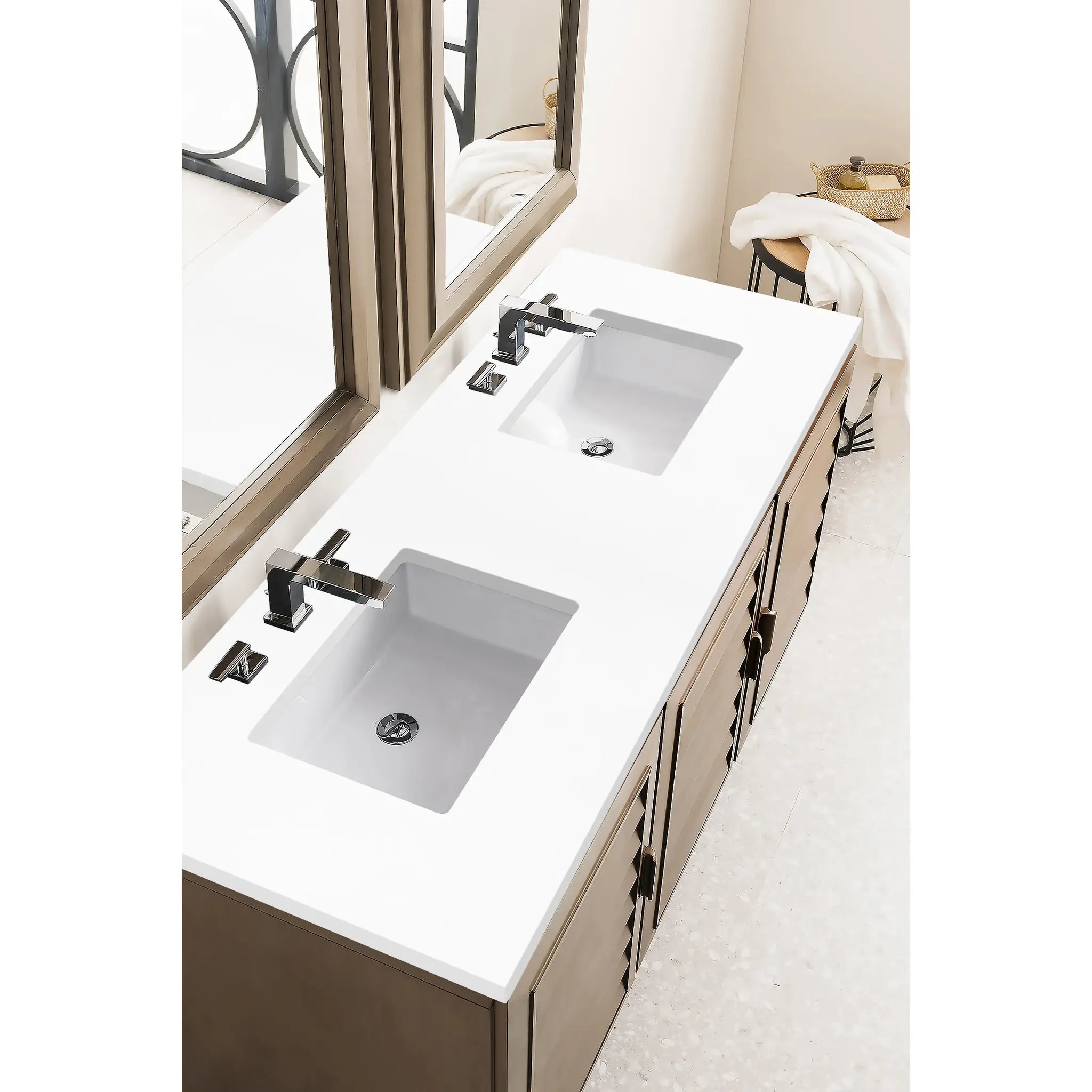 60" Portland Double Vanity in Whitewashed Walnut-White Zeus Silestone-8" Widespread image 2
