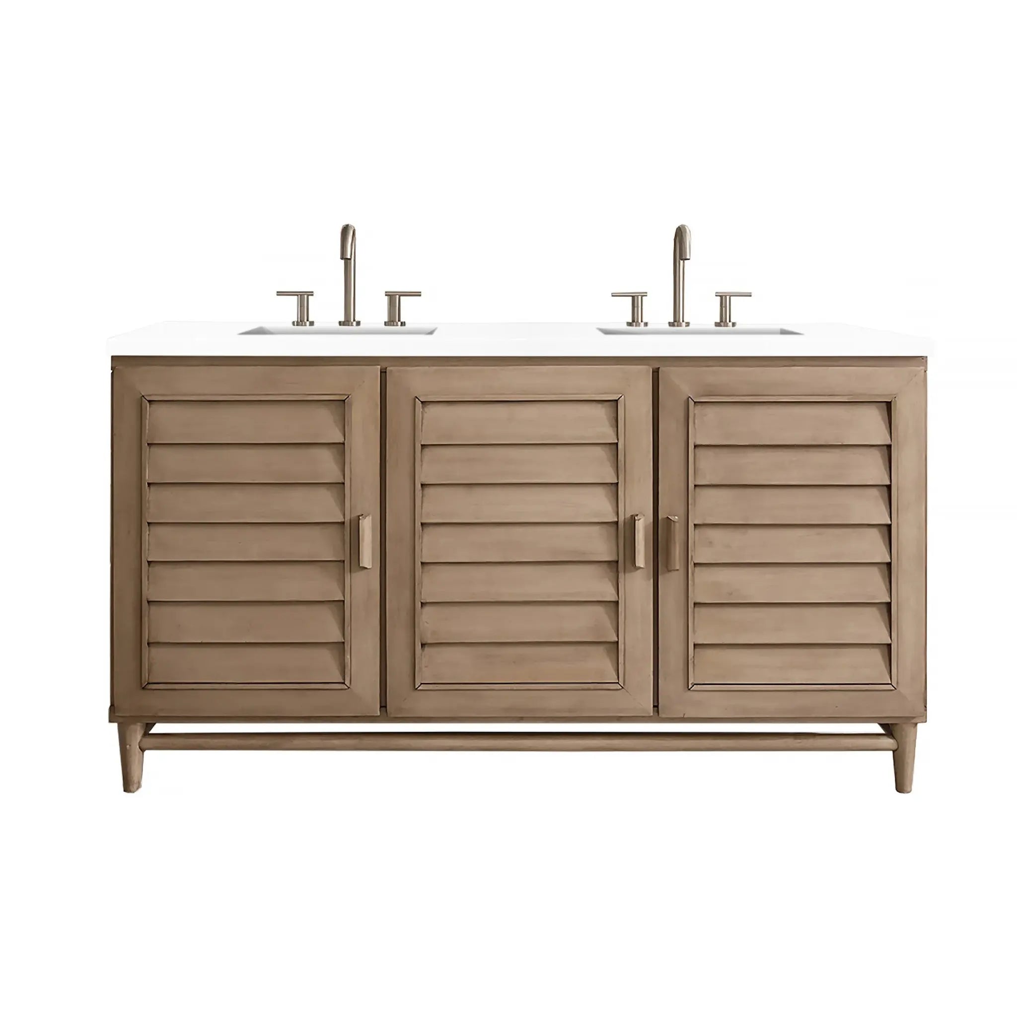 60" Portland Double Vanity in Whitewashed Walnut-White Zeus Silestone-8" Widespread image
