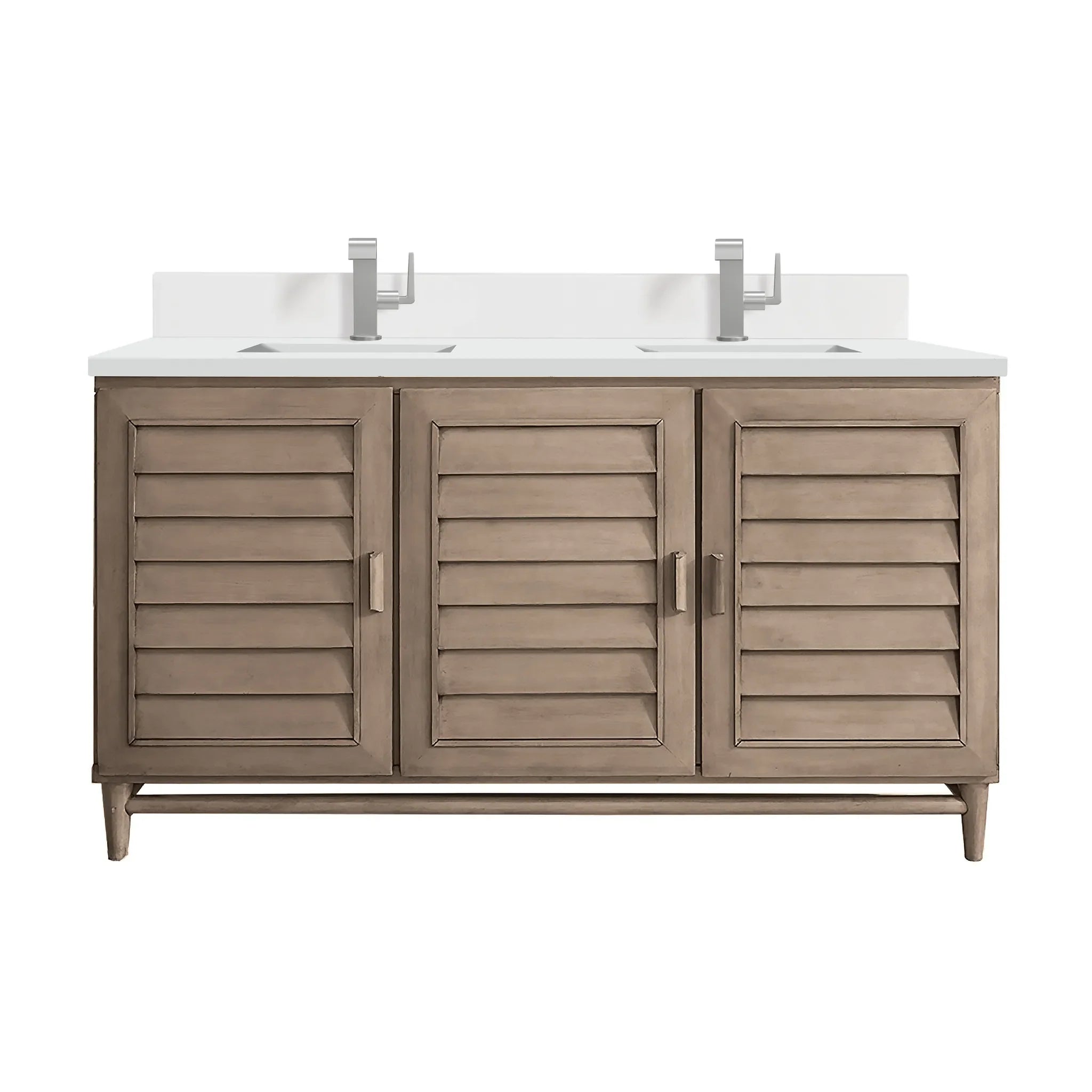 60" Portland Double Vanity in Whitewashed Walnut-White Zeus Silestone & Backsplash-Single Hole image