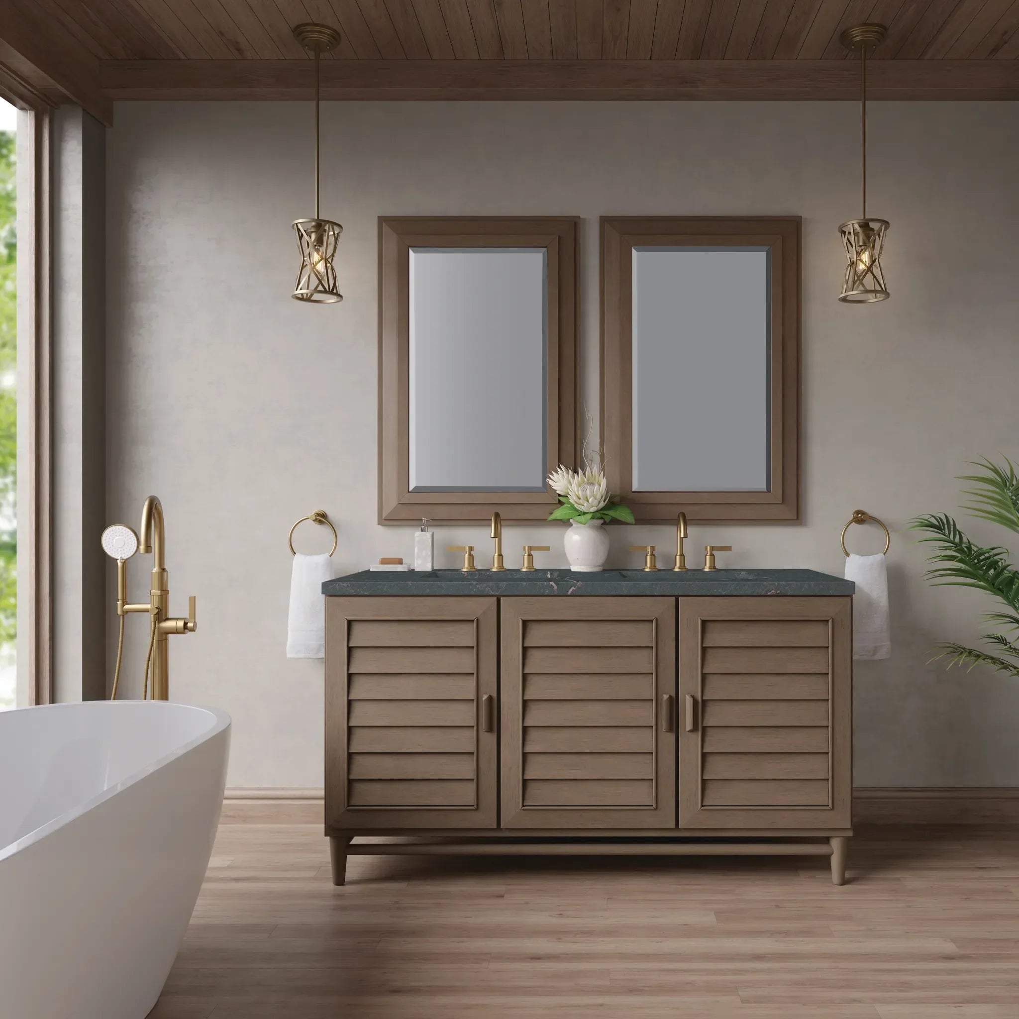 60" Portland Double Vanity in Whitewashed Walnut Wireless Charger-Parisien Bleu Silestone-8" Widespread image 4