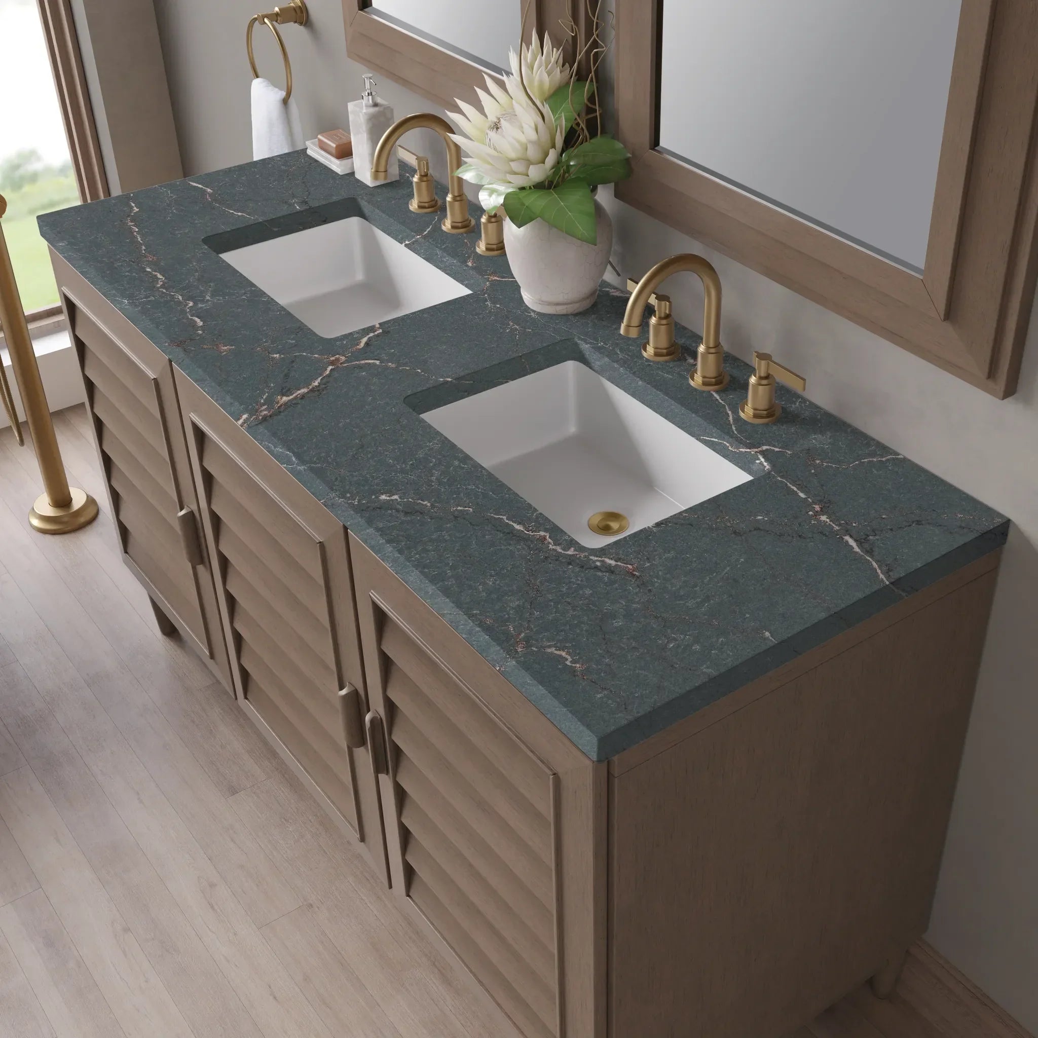 60" Portland Double Vanity in Whitewashed Walnut Wireless Charger-Parisien Bleu Silestone-8" Widespread image 8