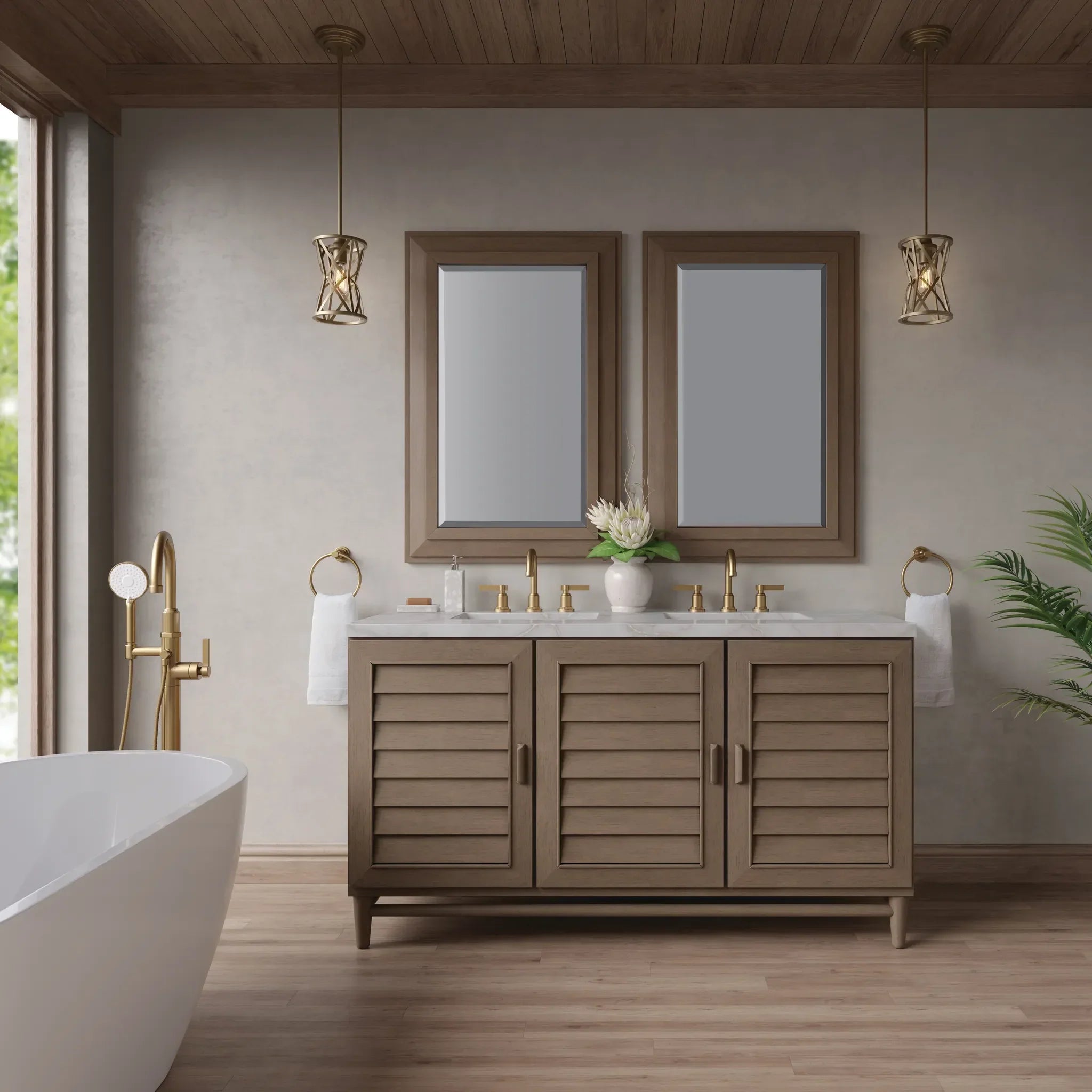 60" Portland Double Vanity in Whitewashed Walnut Wireless Charger-Victorian Silver Silestone-8" Widespread image 4