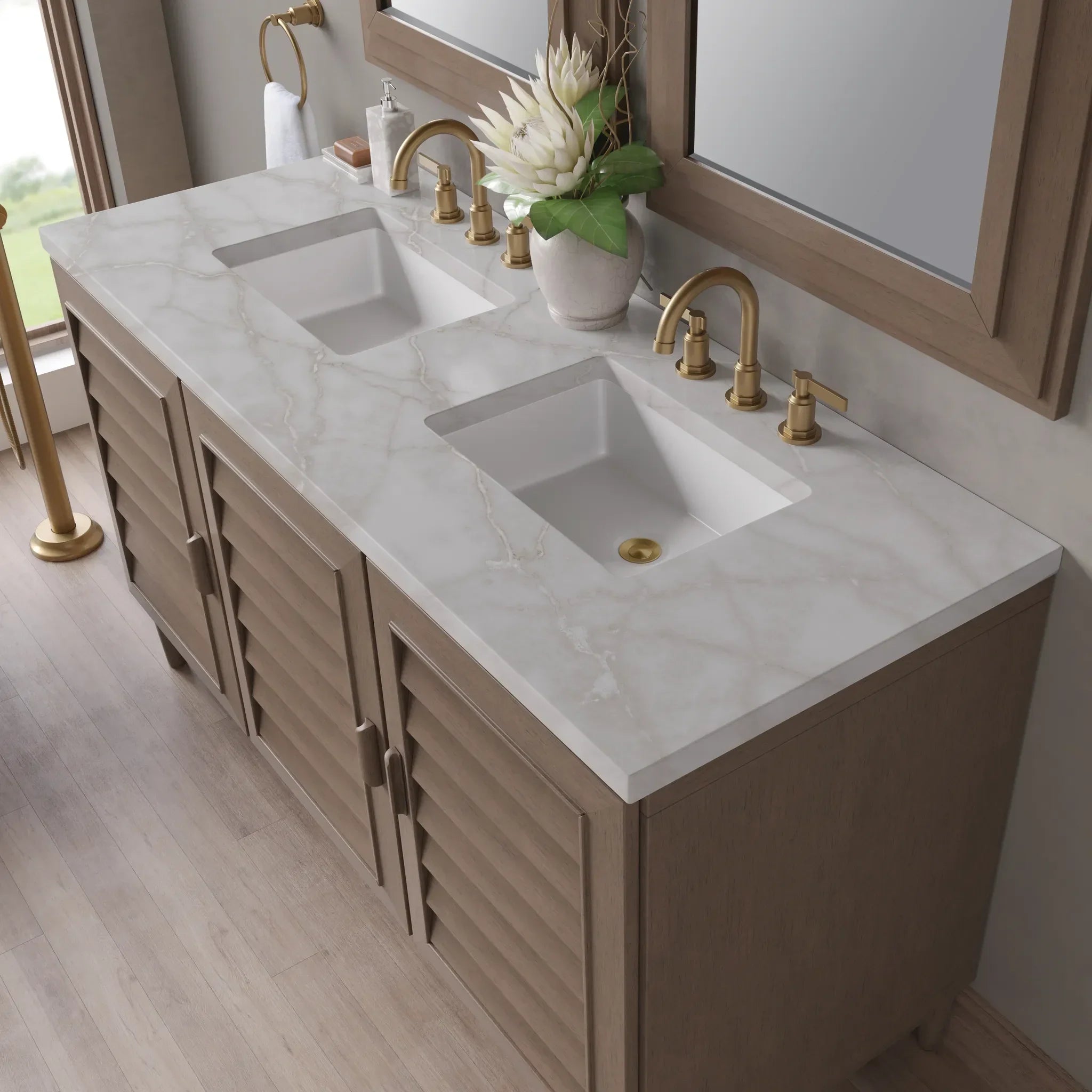 60" Portland Double Vanity in Whitewashed Walnut Wireless Charger-Victorian Silver Silestone-8" Widespread image 8