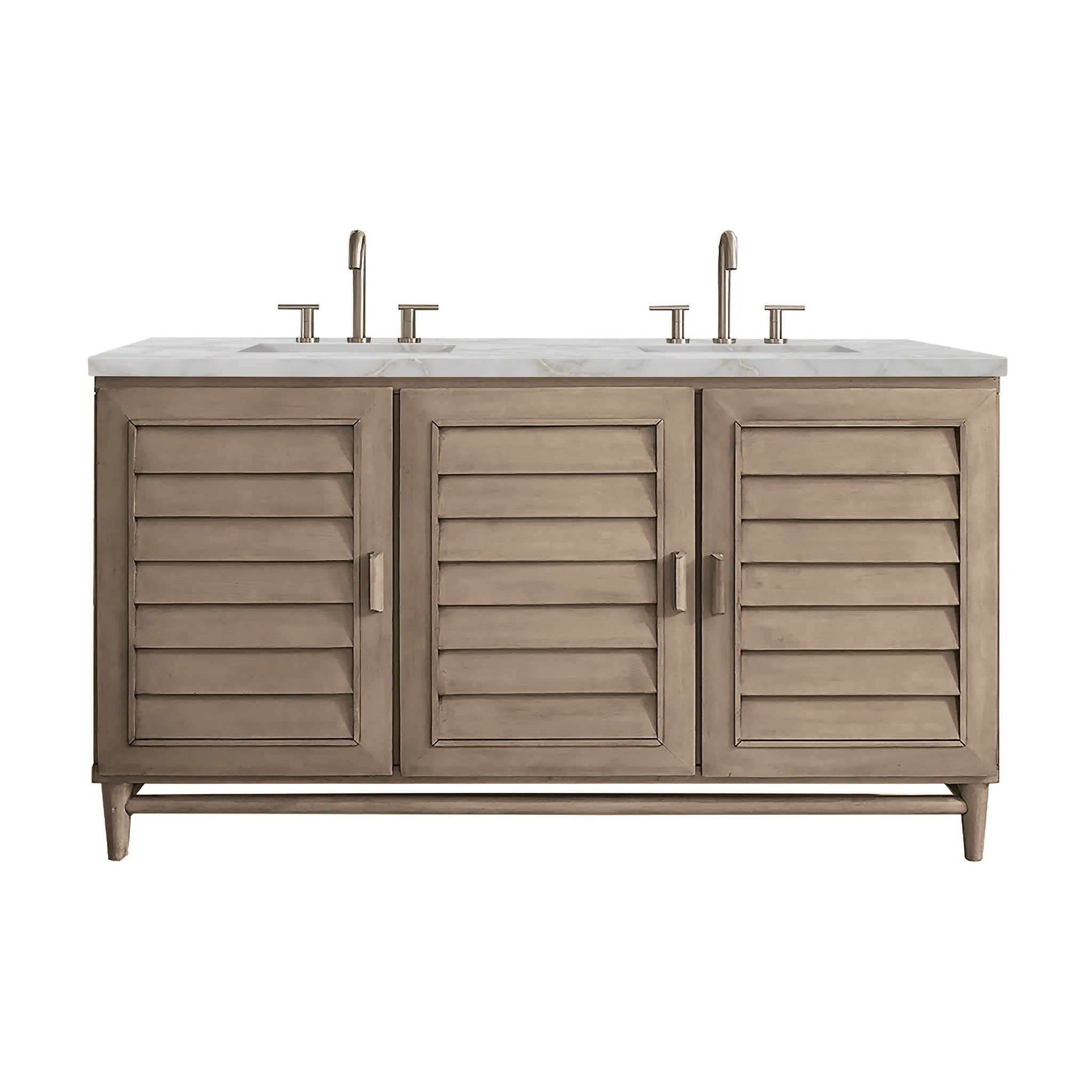60" Portland Double Vanity in Whitewashed Walnut Wireless Charger-Victorian Silver Silestone-8" Widespread image