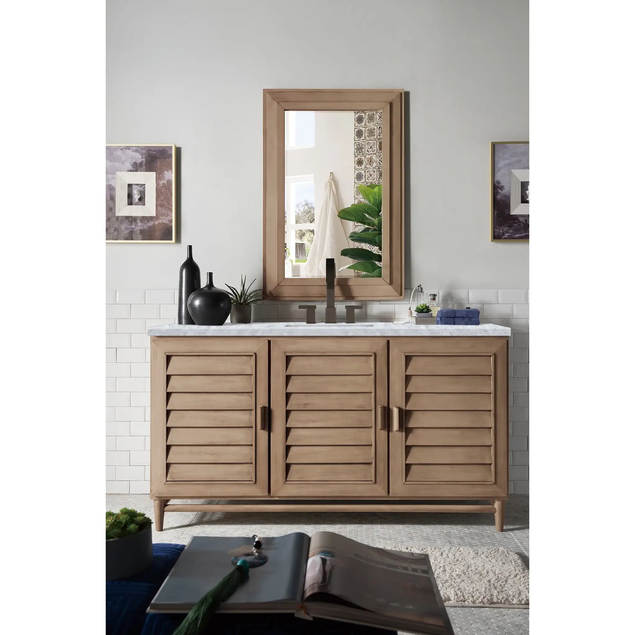 60" Portland Single Vanity in Whitewashed Walnut-Carrara White Marble-8" Widespread image 1