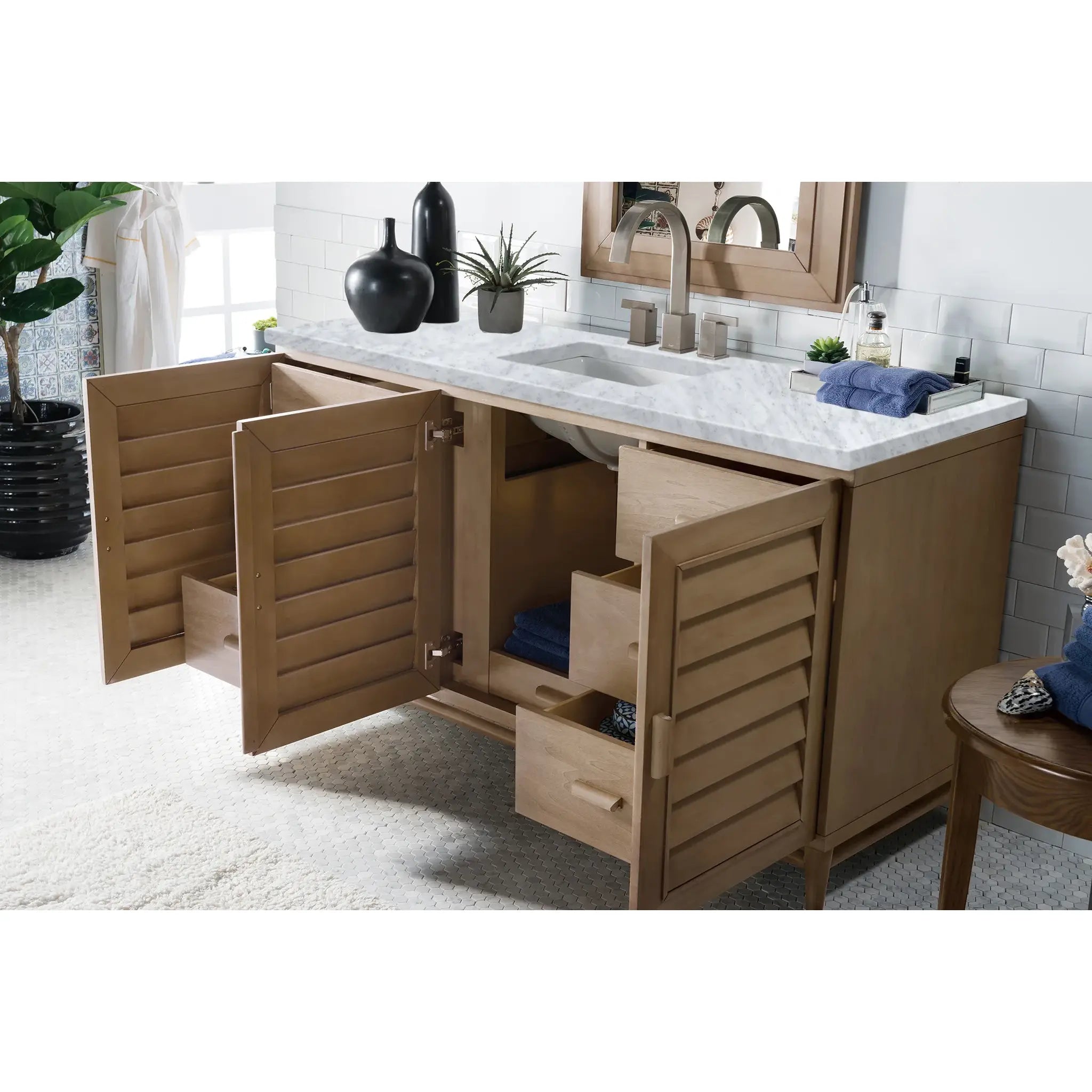 60" Portland Single Vanity in Whitewashed Walnut-Carrara White Marble-8" Widespread image 3