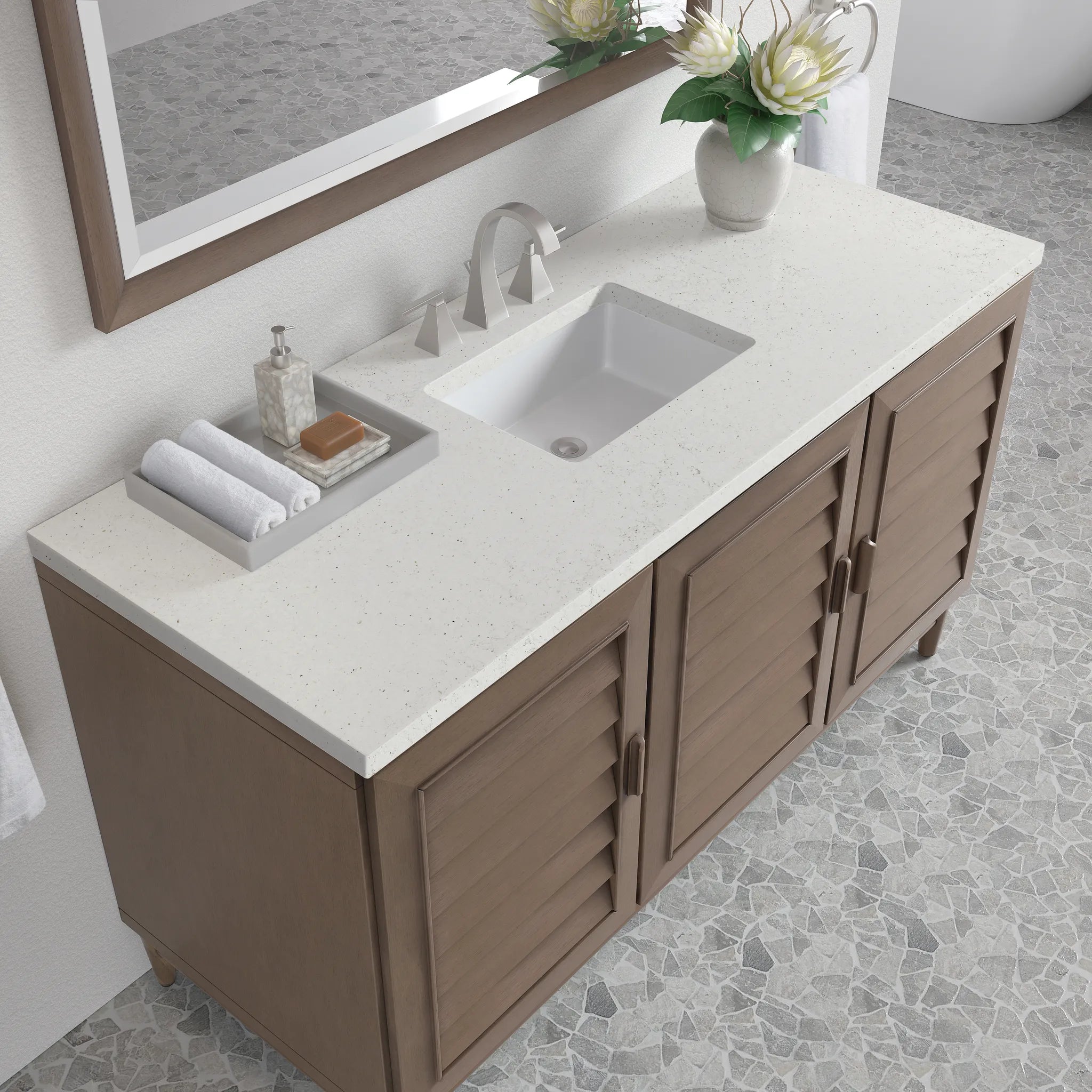 60" Portland Single Vanity in Whitewashed Walnut-Lime Delight Silestone-8" Widespread image 4