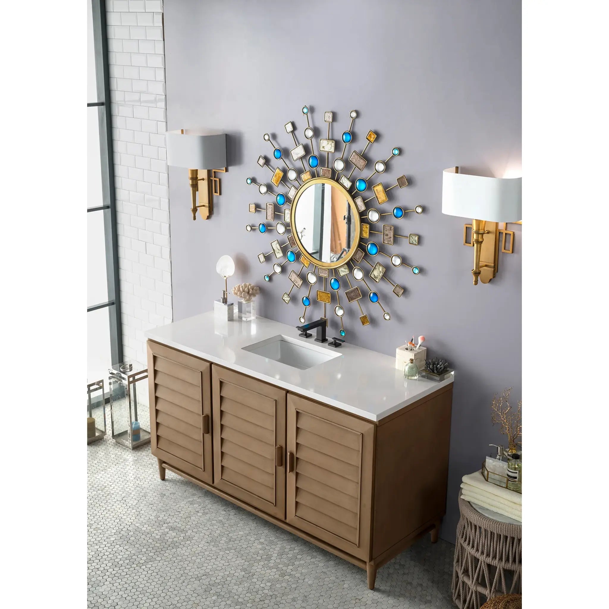 60" Portland Single Vanity in Whitewashed Walnut-White Zeus Silestone-8" Widespread image 2