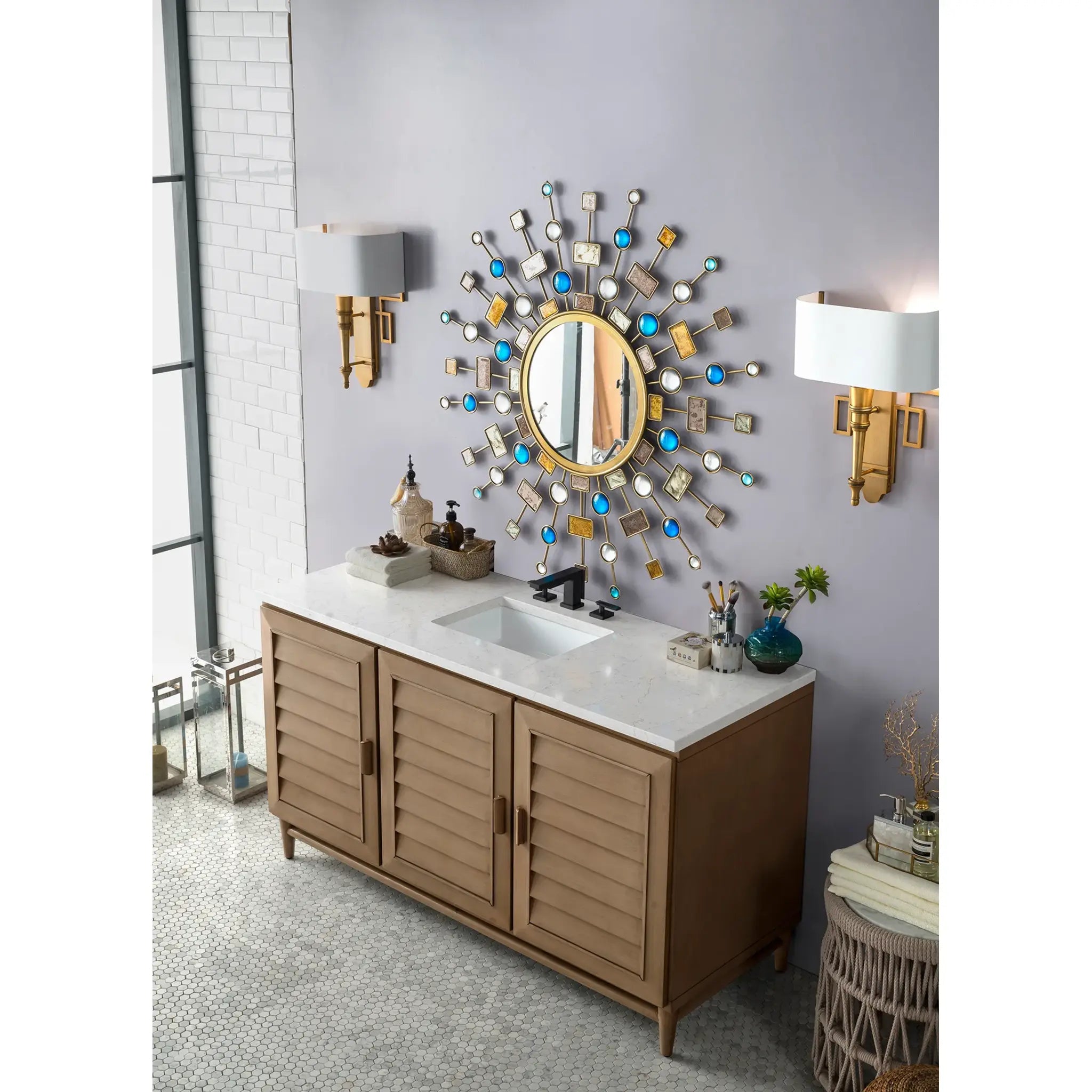 60" Portland Single Vanity in Whitewashed Walnut Wireless Charger-Eternal Jasmine Pearl Silestone-8" Widespread image 5