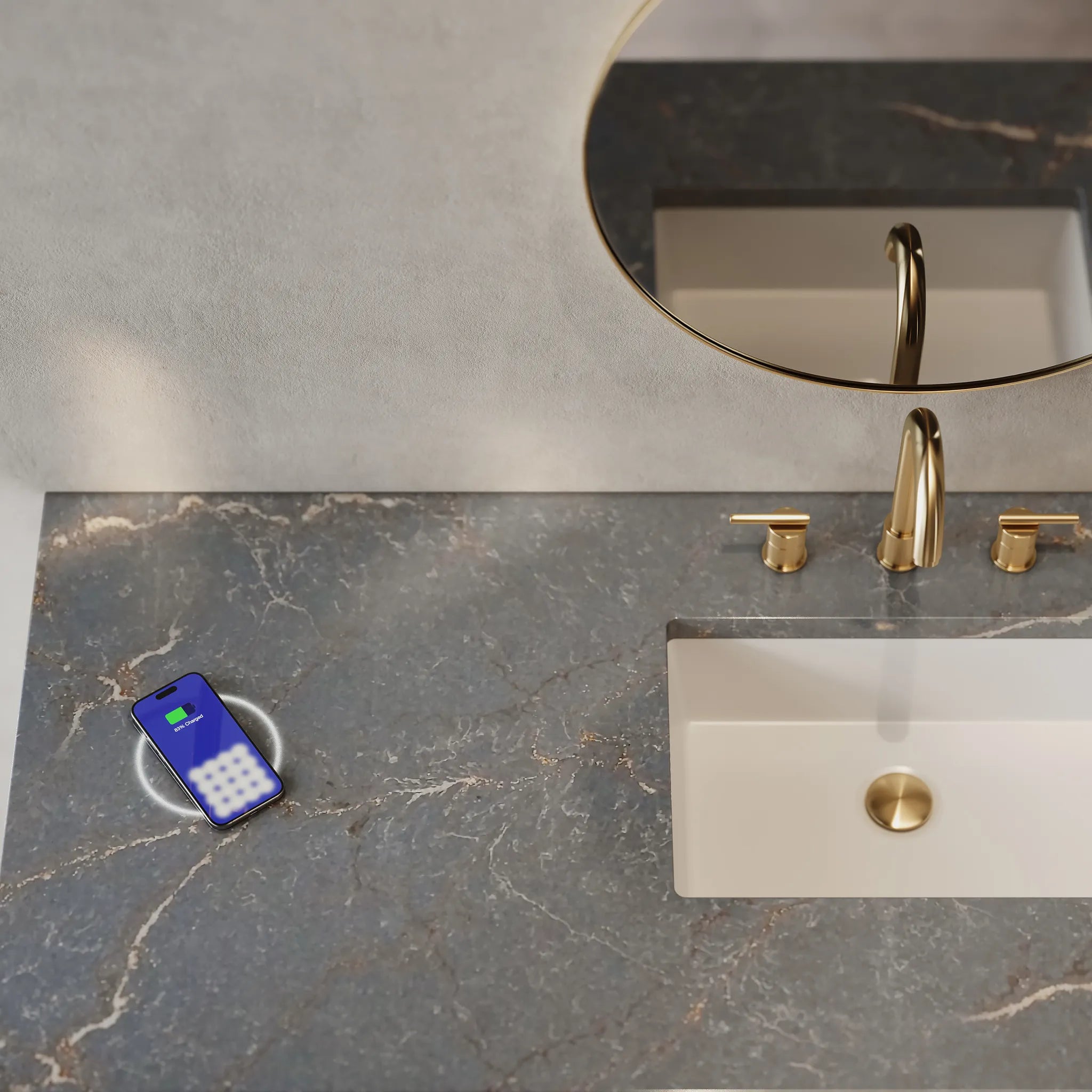 60" Portland Single Vanity in Whitewashed Walnut Wireless Charger-Parisien Bleu Silestone-8" Widespread image 1