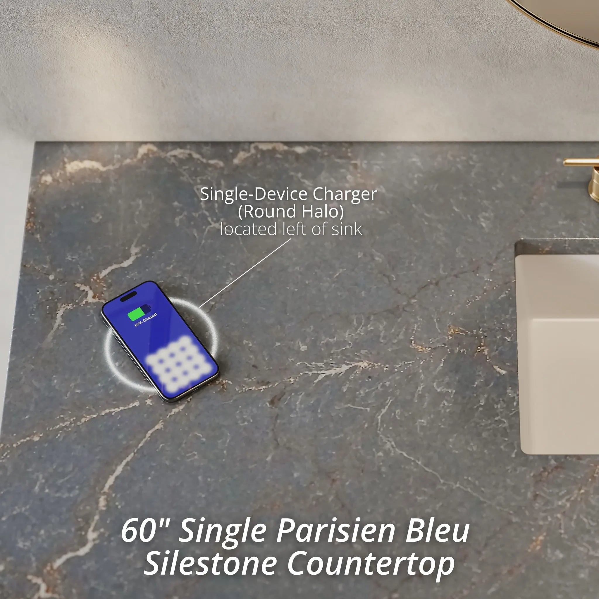 60" Portland Single Vanity in Whitewashed Walnut Wireless Charger-Parisien Bleu Silestone-8" Widespread image 2