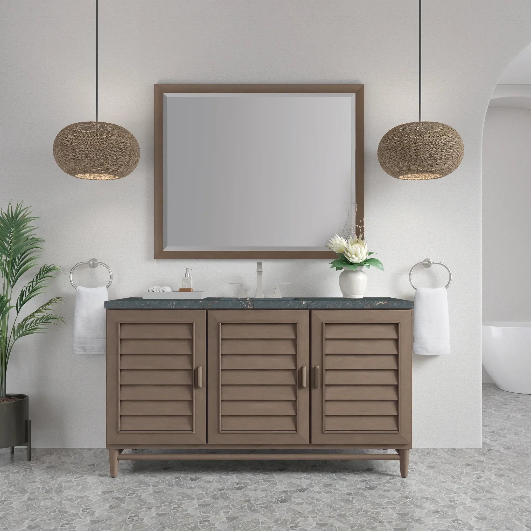 60" Portland Single Vanity in Whitewashed Walnut Wireless Charger-Parisien Bleu Silestone-8" Widespread image 4