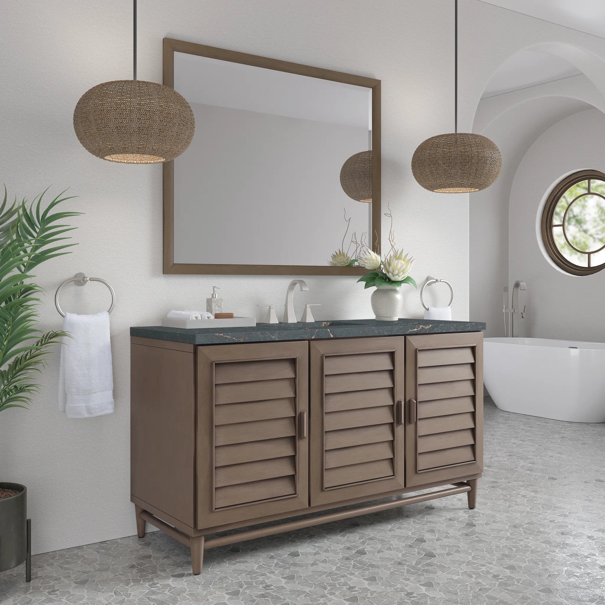 60" Portland Single Vanity in Whitewashed Walnut Wireless Charger-Parisien Bleu Silestone-8" Widespread image 5