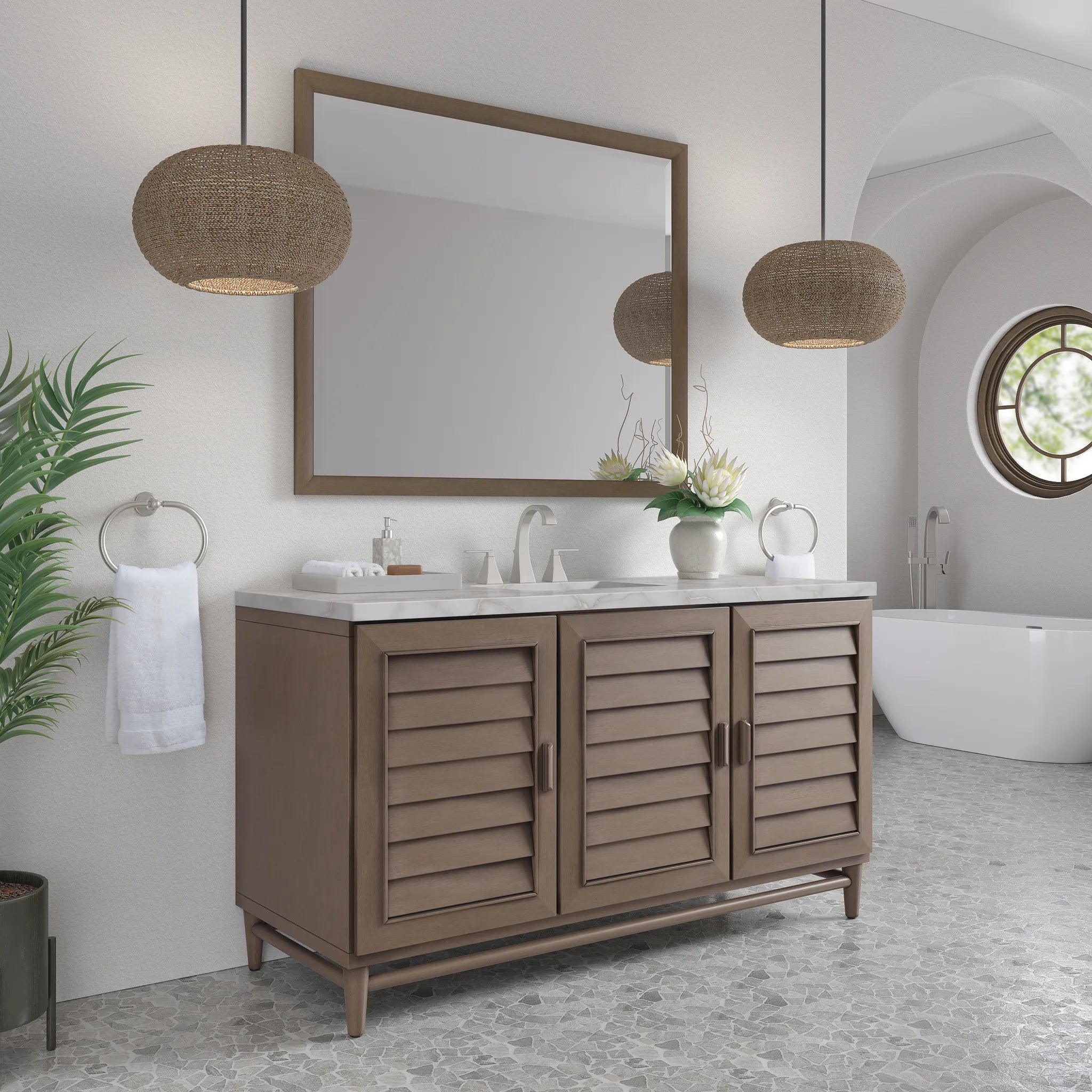 60" Portland Single Vanity in Whitewashed Walnut Wireless Charger-Victorian Silver Silestone-8" Widespread image 5