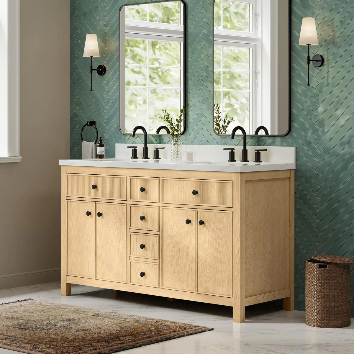 60" Rian Double Bathroom Vanity Scandinavian Oak Matte Black Trim by wyndham View 8