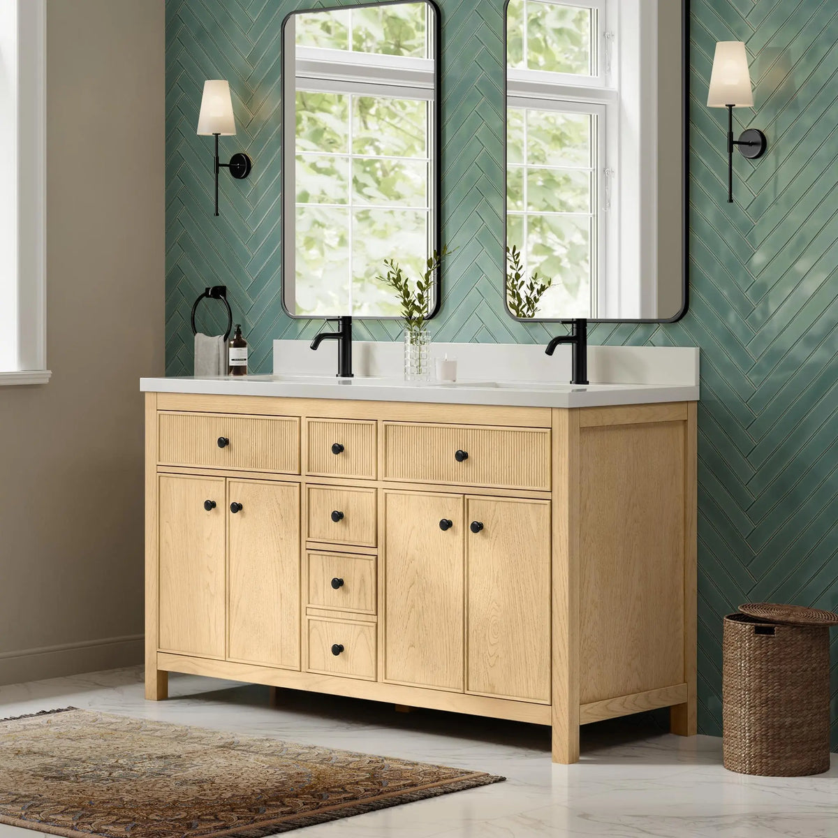 60" Rian Double Bathroom Vanity Scandinavian Oak Matte Black Trim by wyndham View 12
