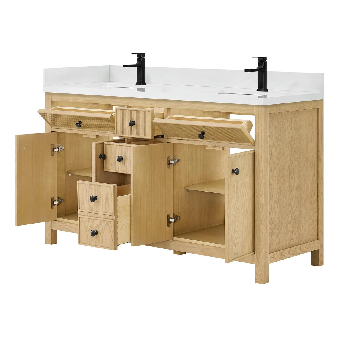 60" Rian Double Bathroom Vanity Scandinavian Oak Matte Black Trim by wyndham View 11
