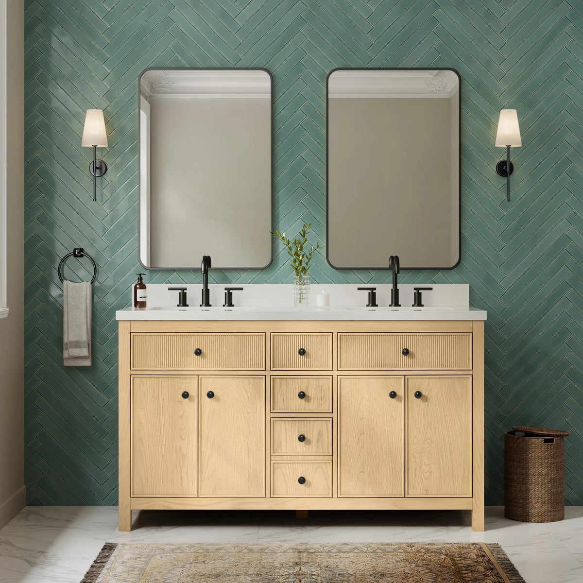60" Rian Double Bathroom Vanity Scandinavian Oak Matte Black Trim by wyndham View 14