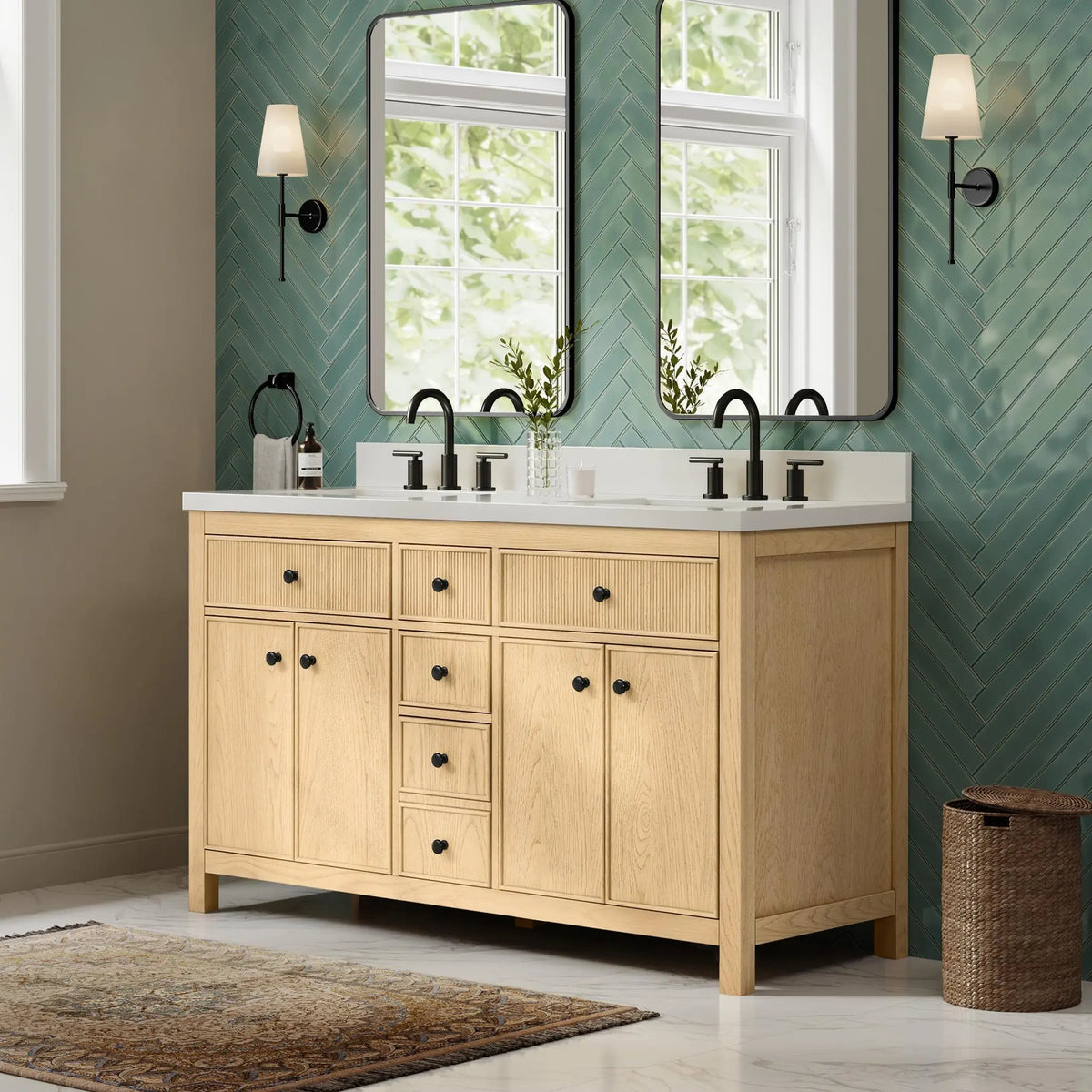 60" Rian Double Bathroom Vanity Scandinavian Oak Matte Black Trim by wyndham View 16