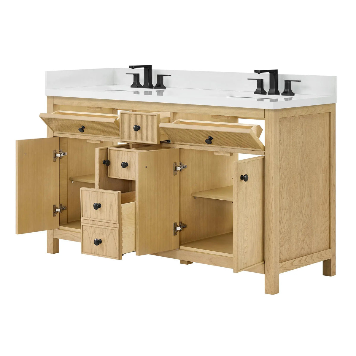 60" Rian Double Bathroom Vanity Scandinavian Oak Matte Black Trim by wyndham View 15