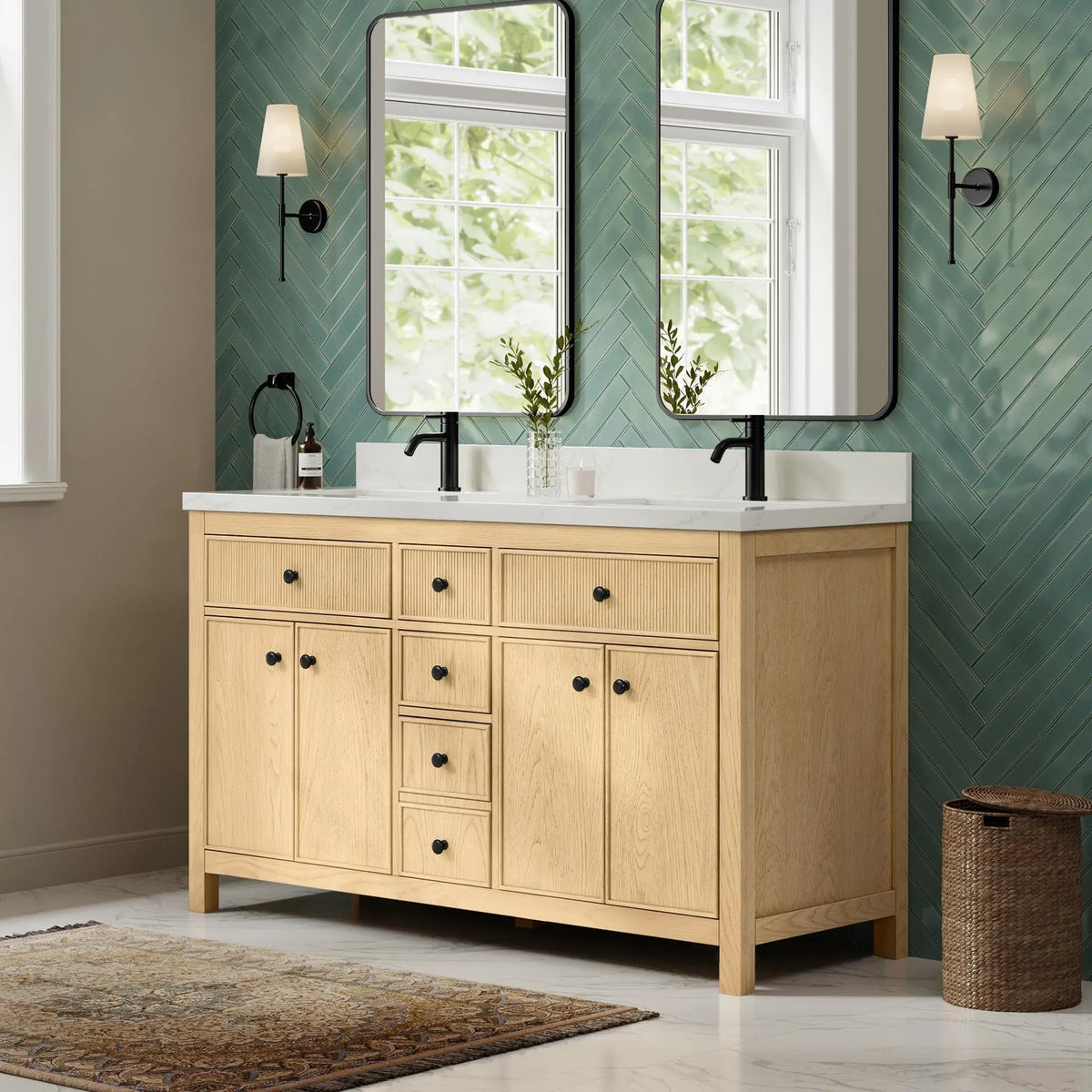 60" Rian Double Bathroom Vanity Scandinavian Oak Matte Black Trim by wyndham View 4