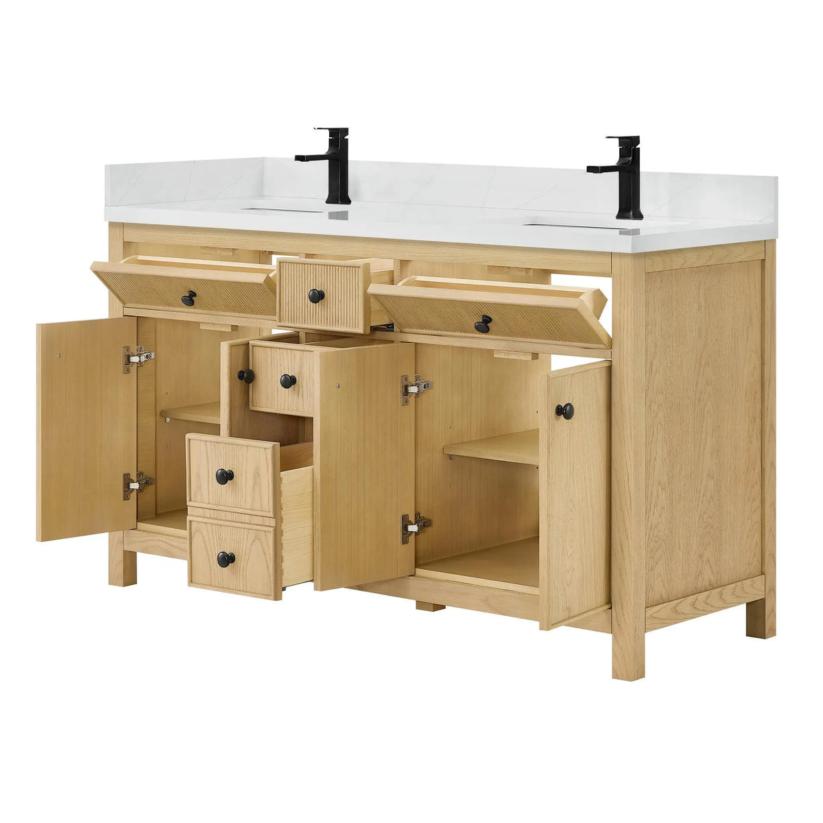 60" Rian Double Bathroom Vanity Scandinavian Oak Matte Black Trim by wyndham View 3