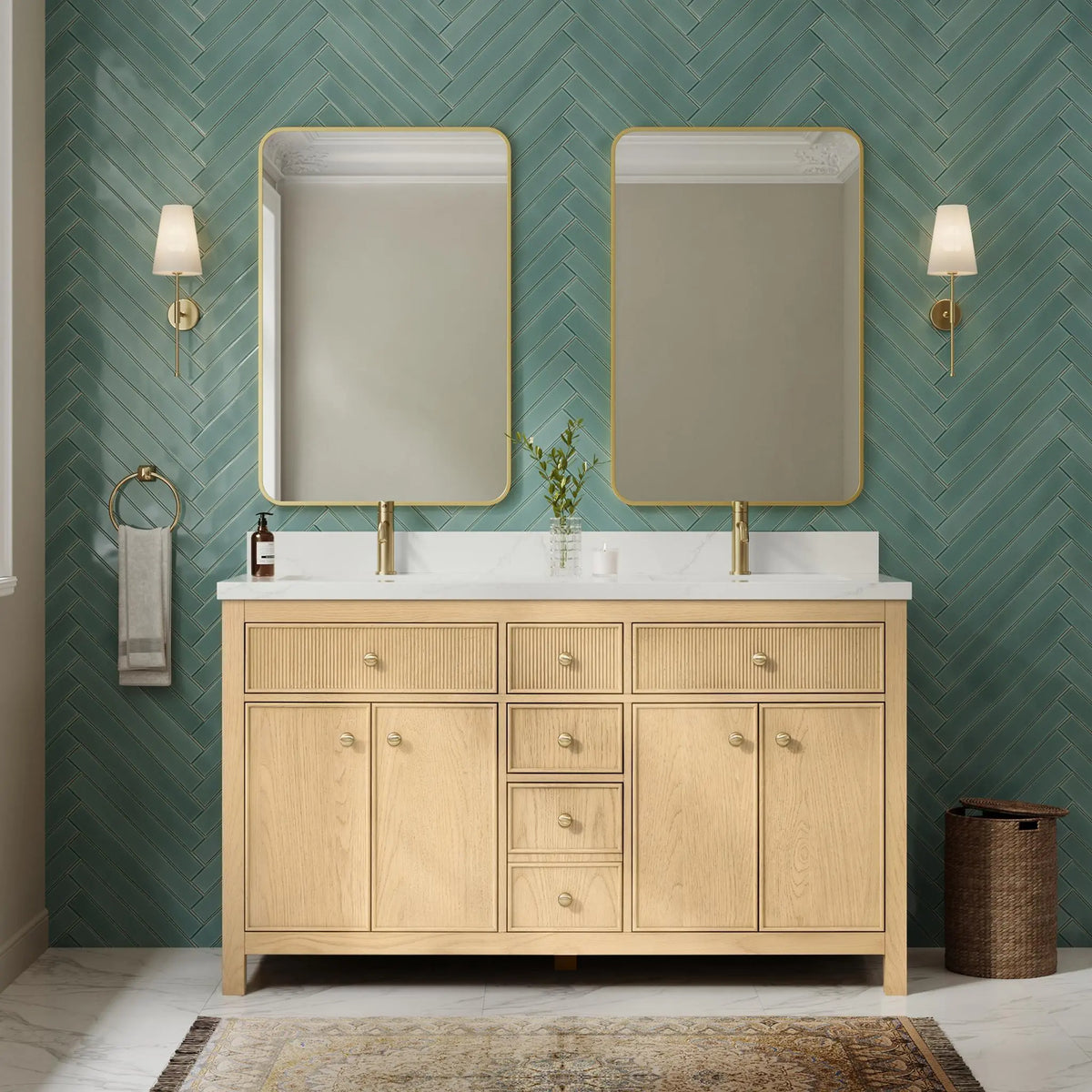 60" Rian Double Bathroom Vanity Scandinavian Oak Satin Bronze Trim by wyndham View 2