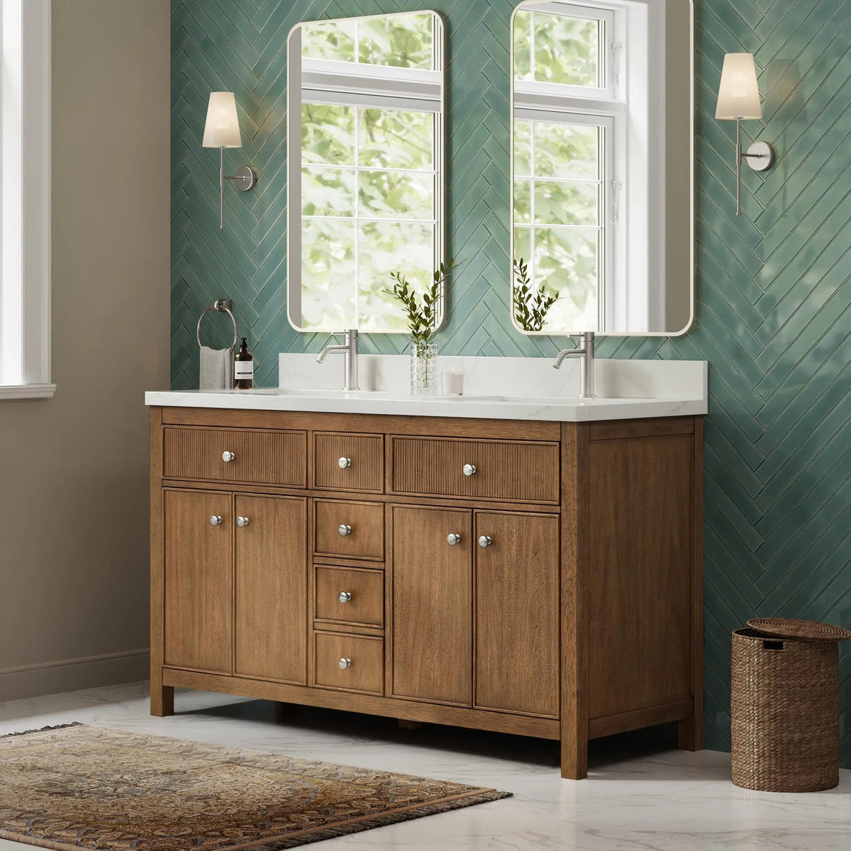 60" Rian Double Bathroom Vanity Toasted Walnut Brushed Nickel Trim by wyndham View 4