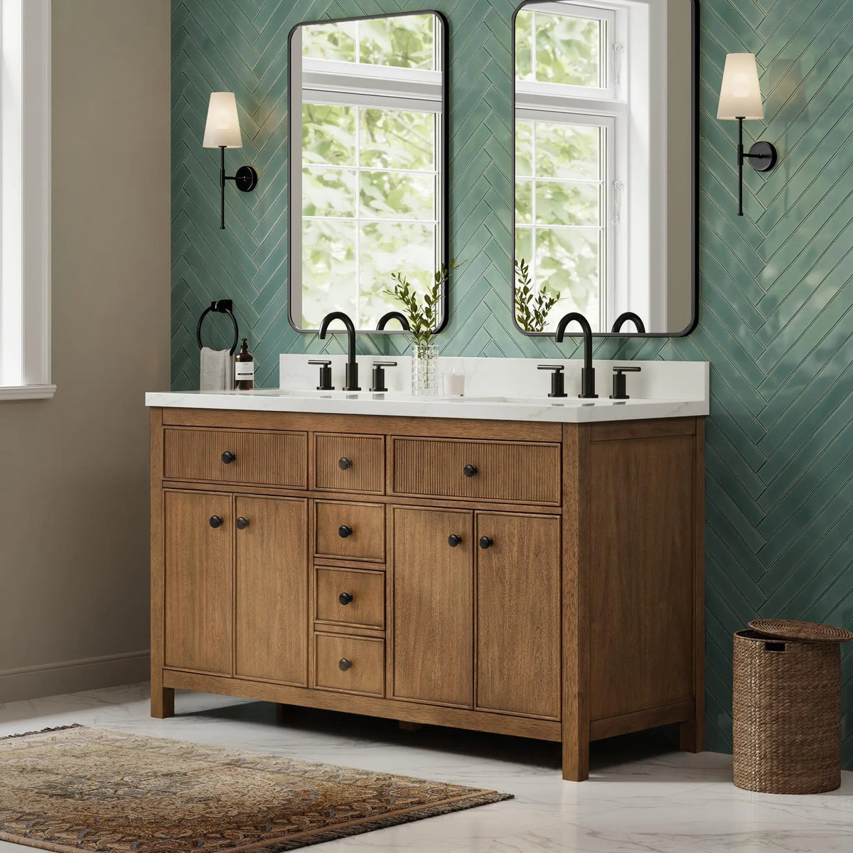 60" Rian Double Bathroom Vanity Toasted Walnut Matte Black Trim by wyndham View 8