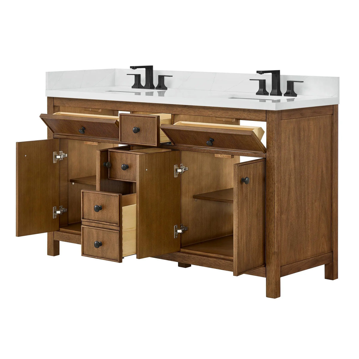 60" Rian Double Bathroom Vanity Toasted Walnut Matte Black Trim by wyndham View 7