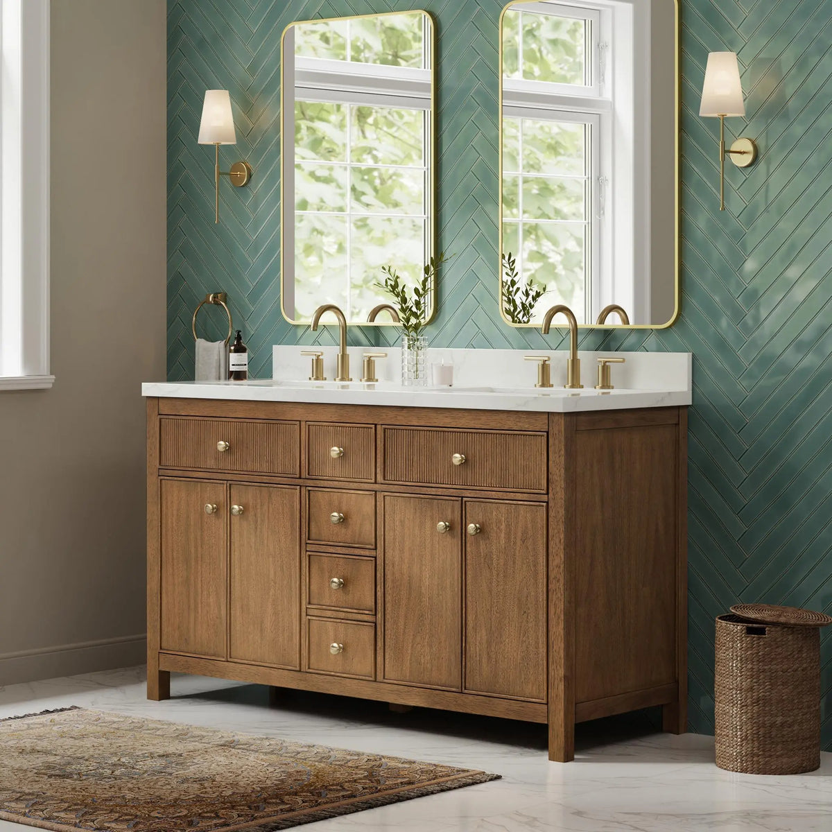 60" Rian Double Bathroom Vanity Toasted Walnut Satin Bronze Trim by wyndham View 8