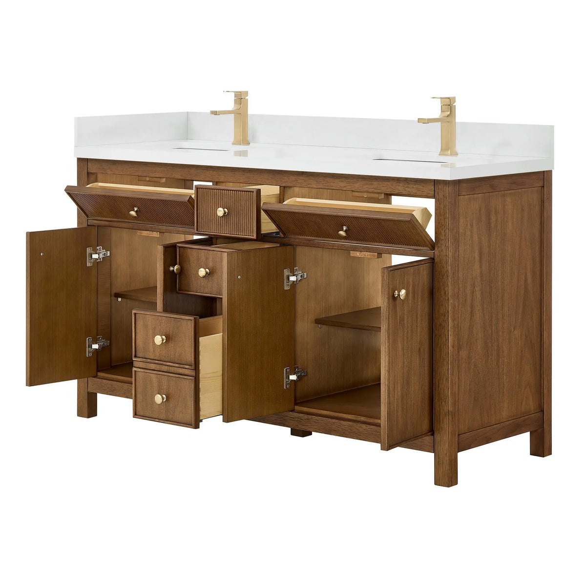 60" Rian Double Bathroom Vanity Toasted Walnut Satin Bronze Trim by wyndham View 11