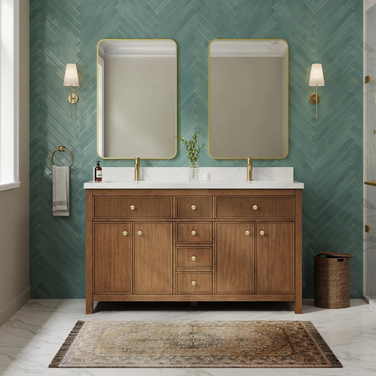 60" Rian Double Bathroom Vanity Toasted Walnut Satin Bronze Trim by wyndham View 2