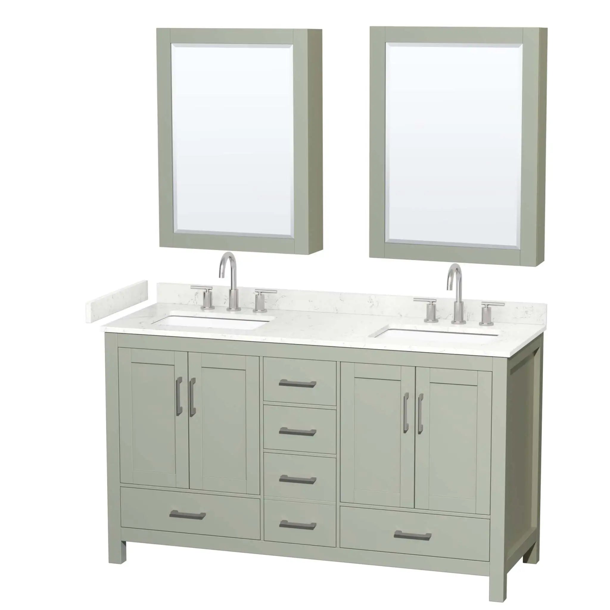 60" Sheffield 60 inch Double Bathroom Vanity in Light Green with Brushed Nickel Trim & Medicine Cabinet by Wyndham
