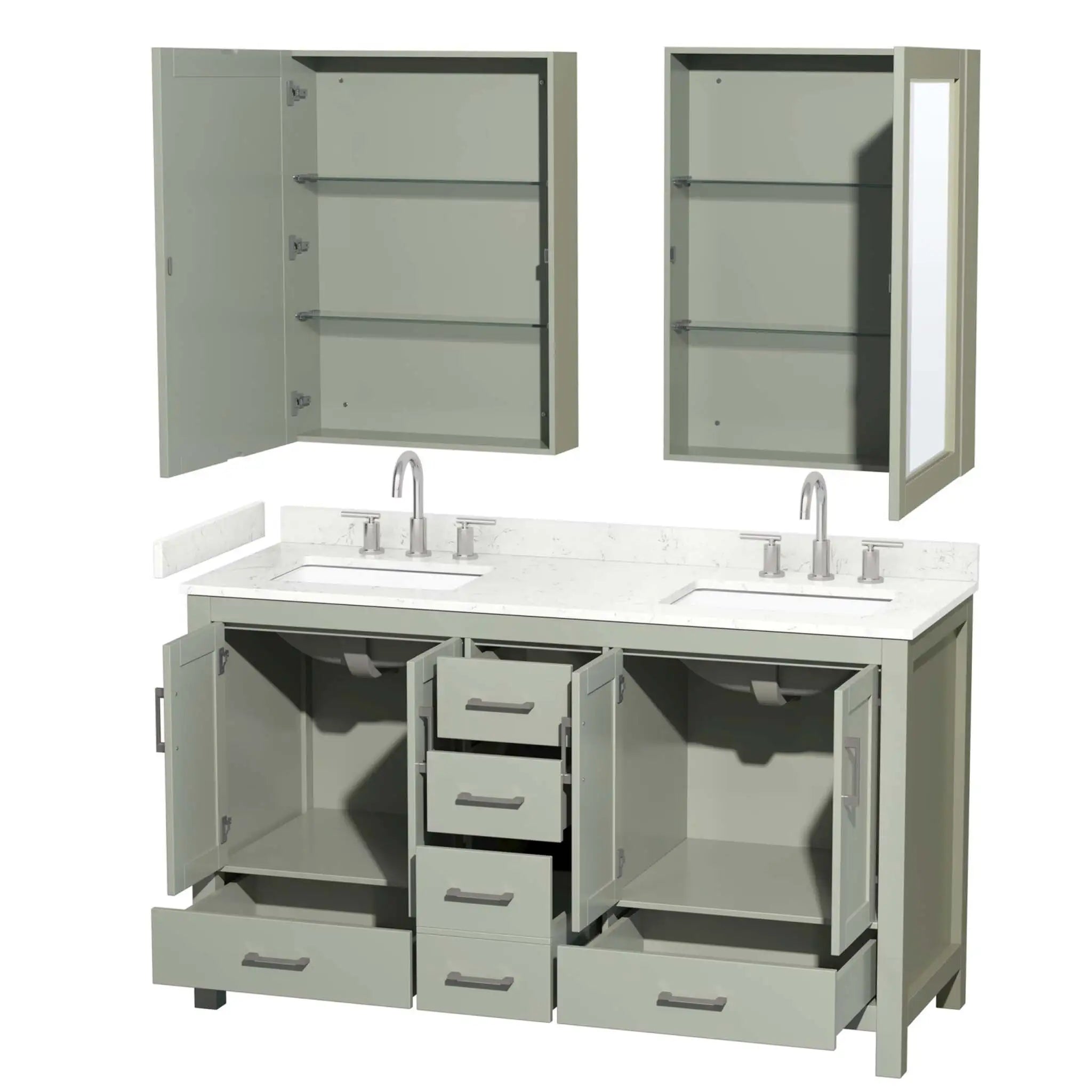 60" Sheffield 60 inch Double Bathroom Vanity in Light Green with Brushed Nickel Trim & Medicine Cabinet by Wyndham