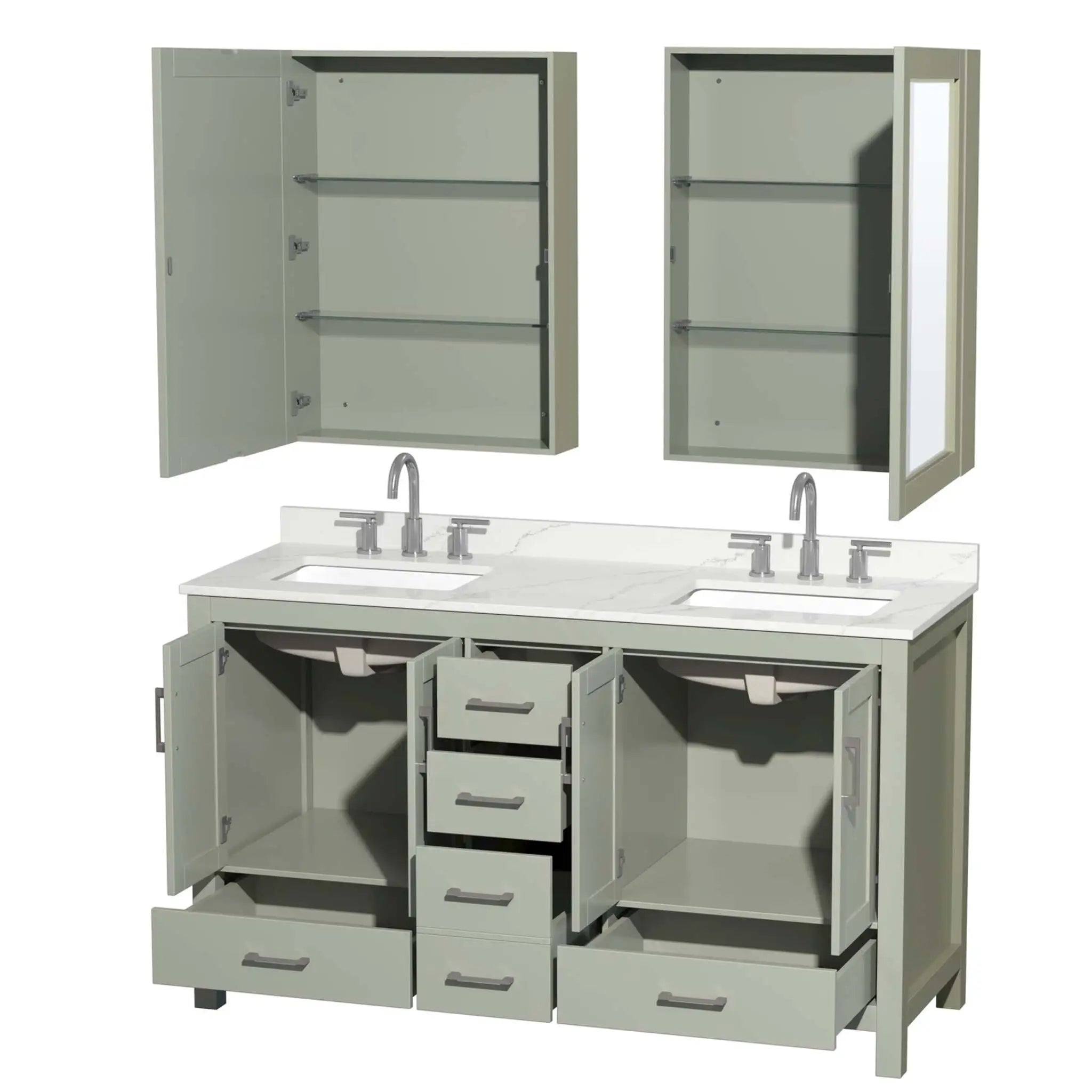 60" Sheffield 60 inch Double Bathroom Vanity in Light Green with Brushed Nickel Trim & Medicine Cabinet by Wyndham