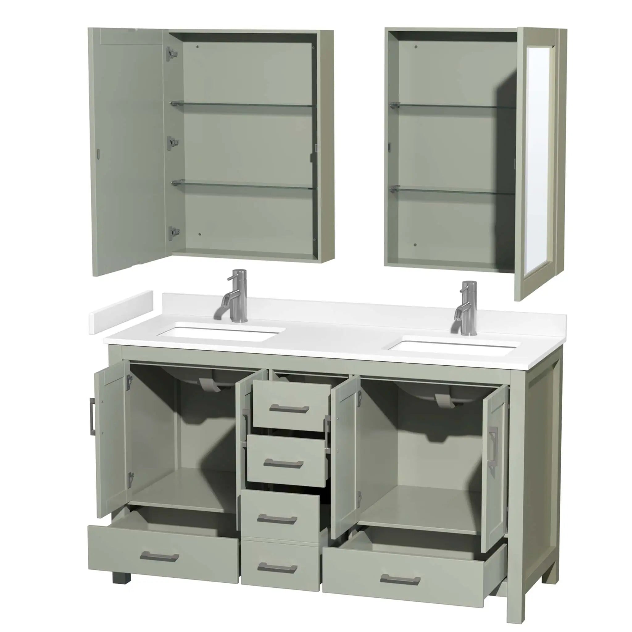60" Sheffield 60 inch Double Bathroom Vanity in Light Green with Brushed Nickel Trim & Medicine Cabinet by Wyndham