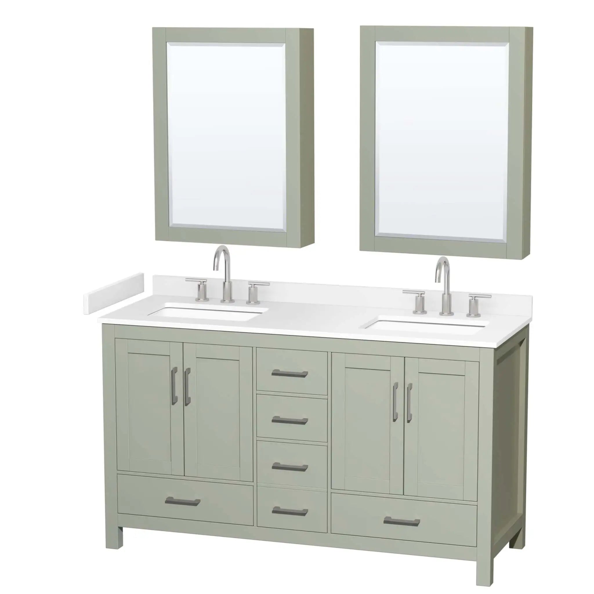 60" Sheffield 60 inch Double Bathroom Vanity in Light Green with Brushed Nickel Trim & Medicine Cabinet by Wyndham
