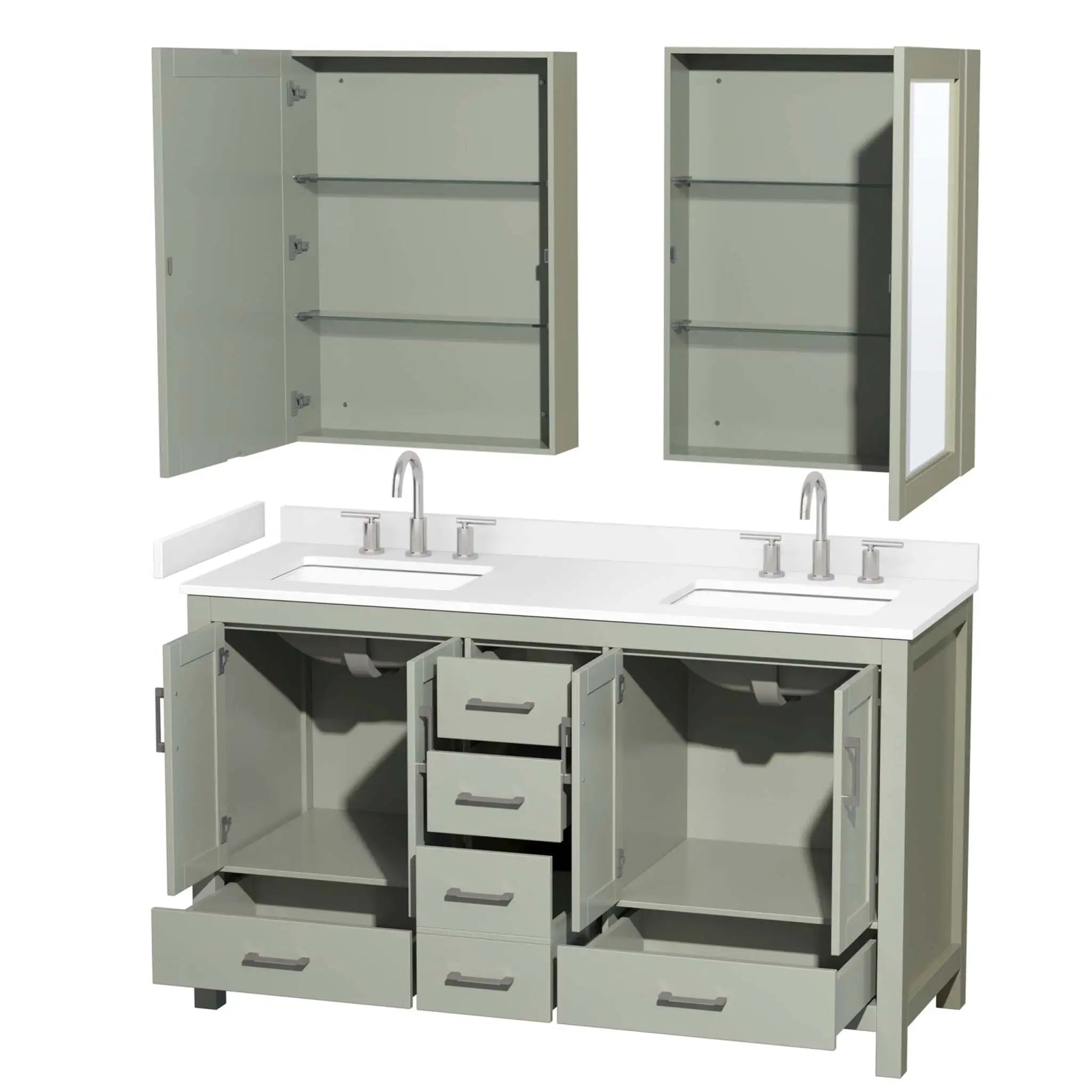 60" Sheffield 60 inch Double Bathroom Vanity in Light Green with Brushed Nickel Trim & Medicine Cabinet by Wyndham